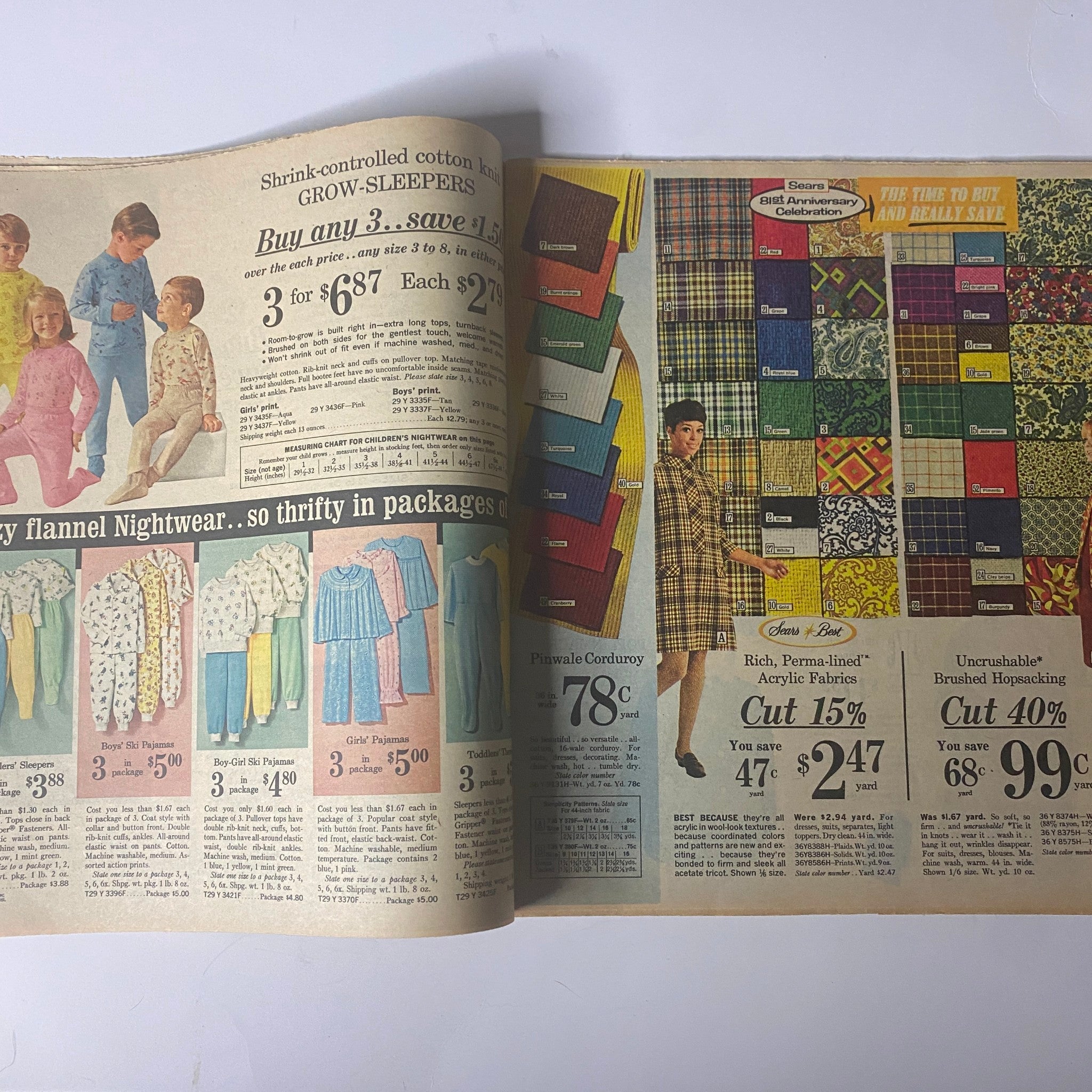 1967 Sears Perma-Prest Pants Catalog showcasing colorful flannel nightwear and garment selection with pricing details.
