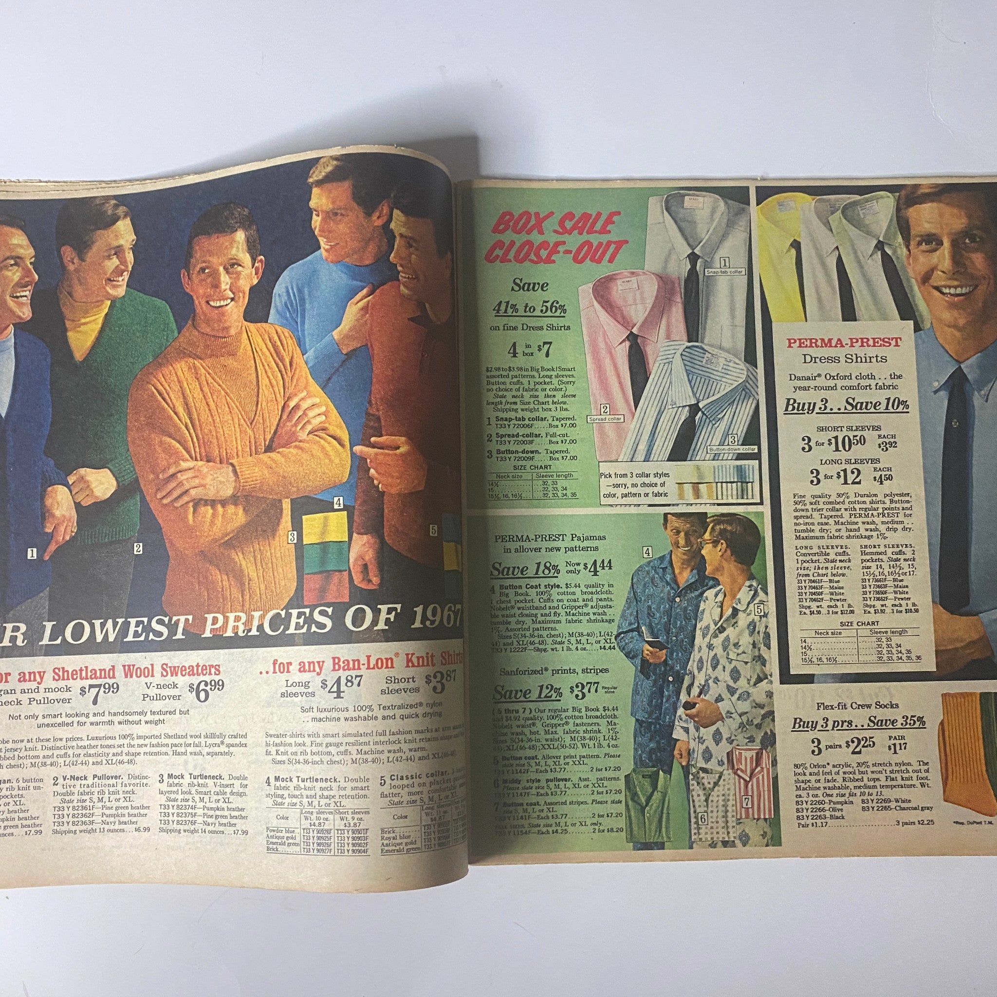 1967 Sears Perma-Prest Pants Catalog featuring men in vibrant sweaters and a promotional section on dress shirts with savings offers.