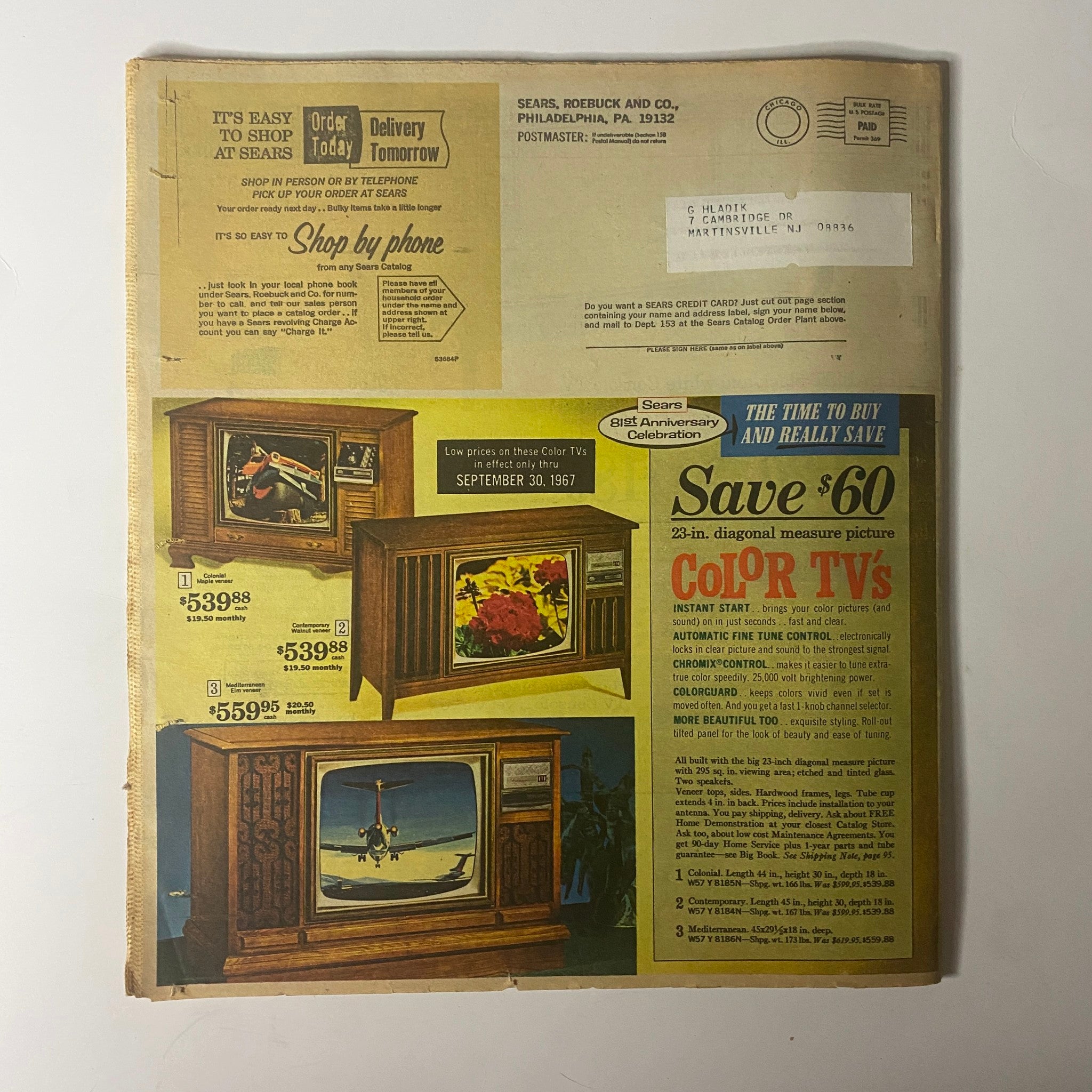 1967 Sears Perma-Prest Pants Catalog back cover presenting TVs with significant savings and ordering information.