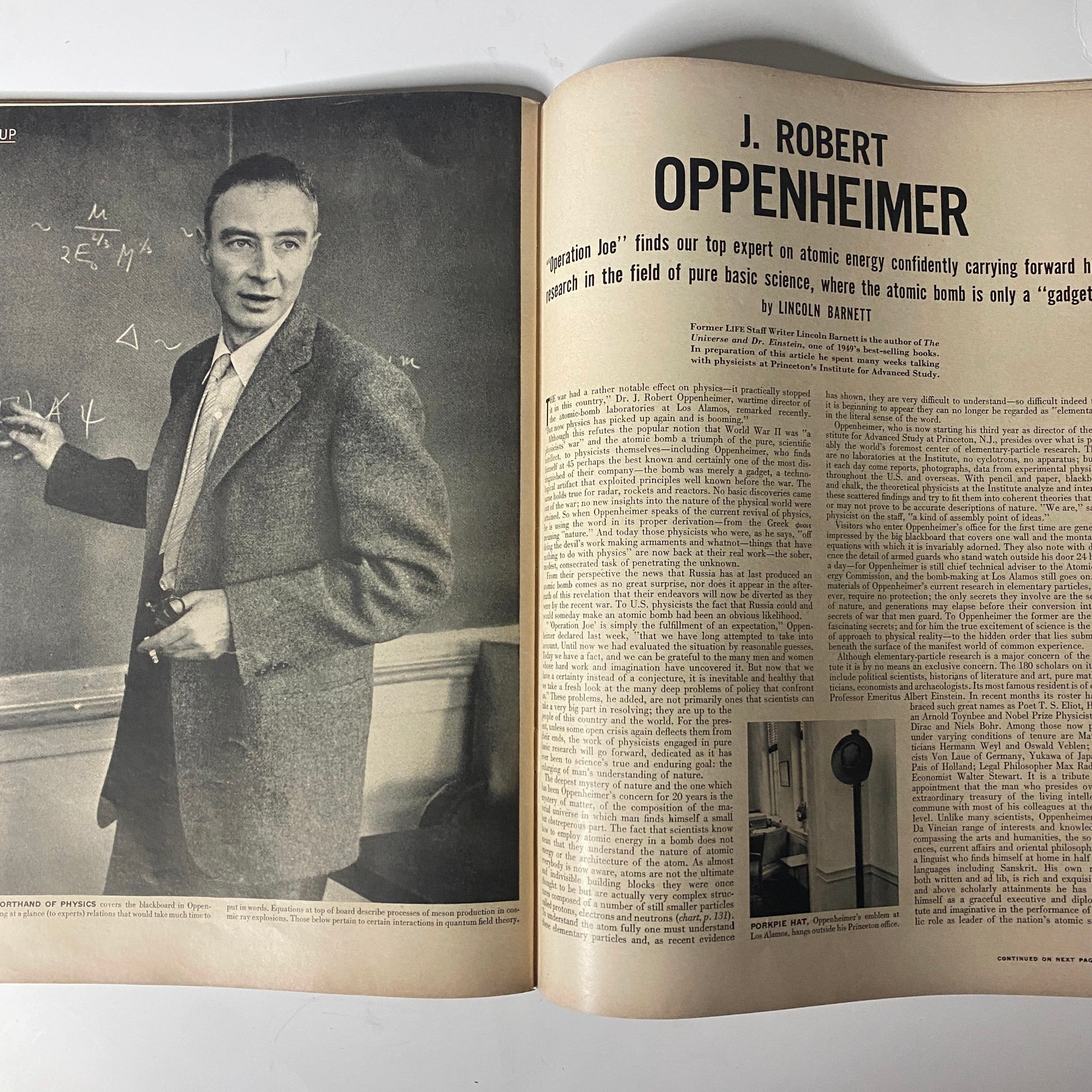 Life Magazine October 10, 1949, showcasing physicist J. Robert Oppenheimer in a close-up profile article by Lincoln Barnett, discussing his work in atomic energy.