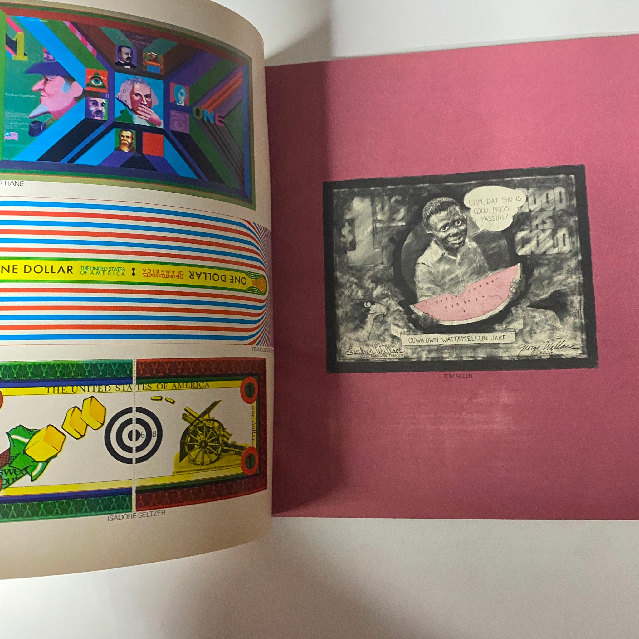 Avant Garde Magazine May 1968 #3 featuring artistic reinterpretations of the one-dollar bill by various artists, showcasing vibrant designs and cultural commentary.