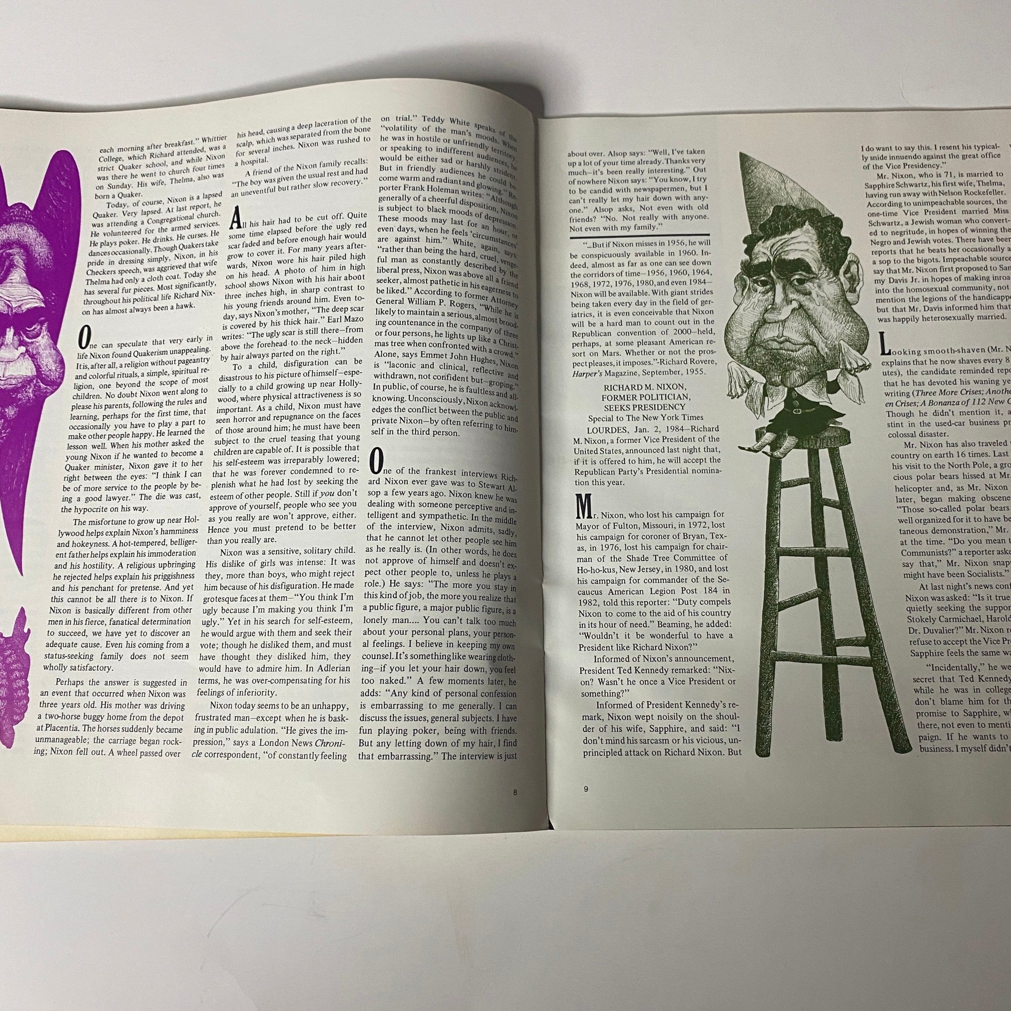 Inside spread of Avant Garde Magazine January 1968, showcasing editorial illustrations alongside the article on Richard Nixon.