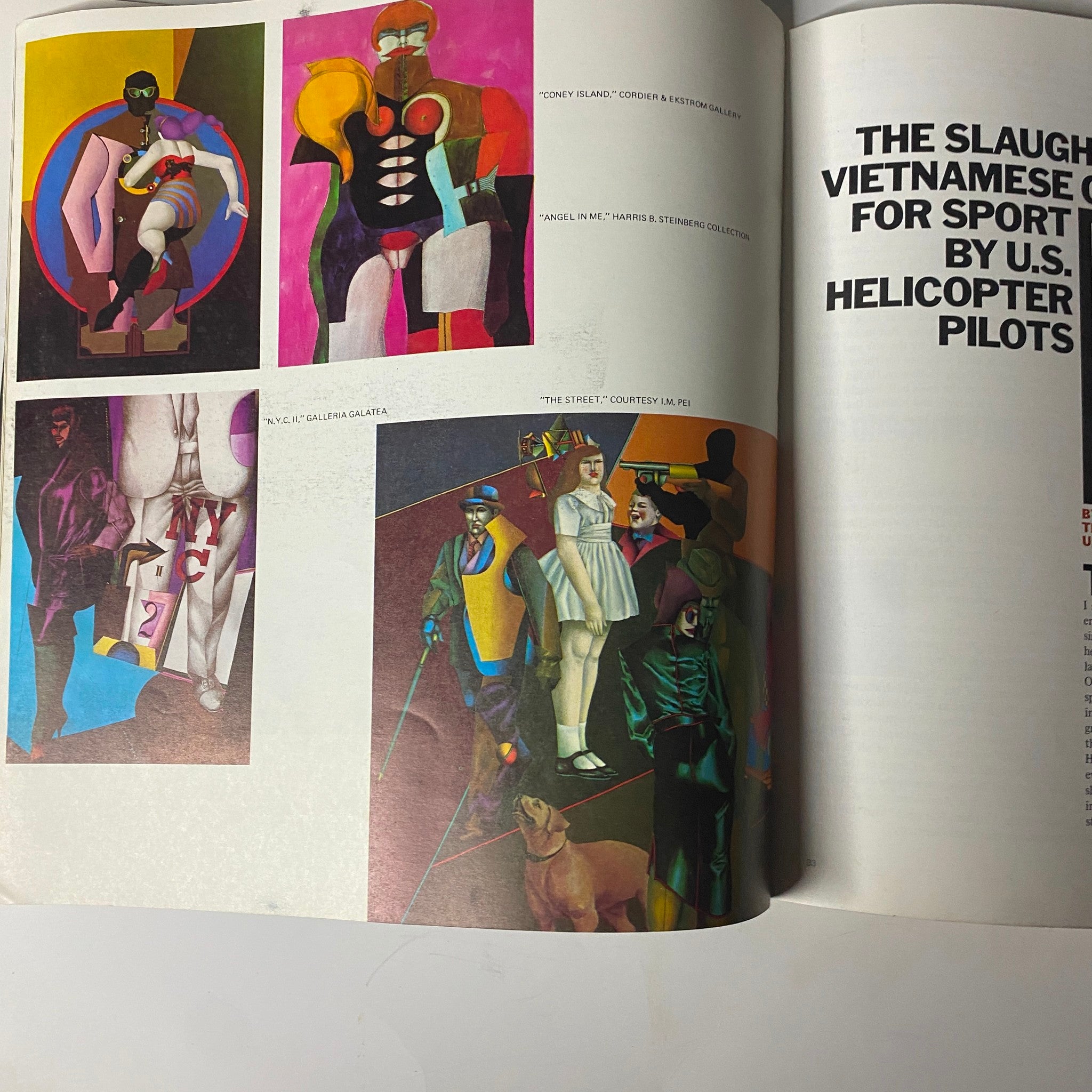Another inside view of Avant Garde Magazine January 1968, depicting artwork related to Vietnam War commentary in 'The Slaughter of Civilians for Sport by U.S. Pilots'.