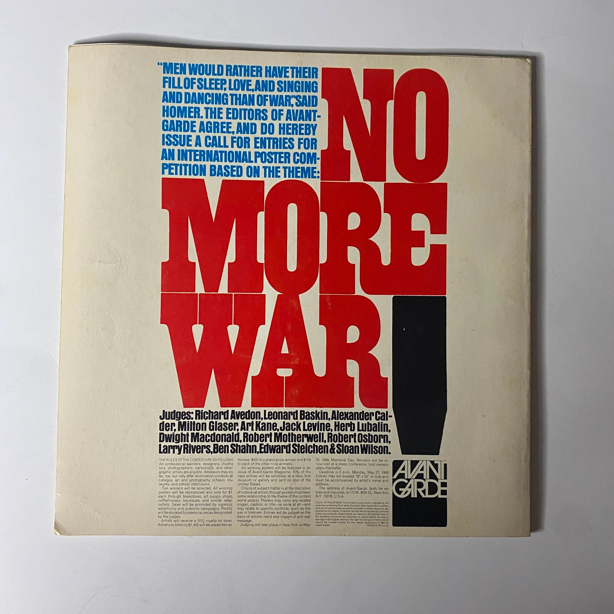 Back cover of Avant Garde Magazine January 1968, featuring a bold statement 'No More War' with an invitation for a competition on the theme.