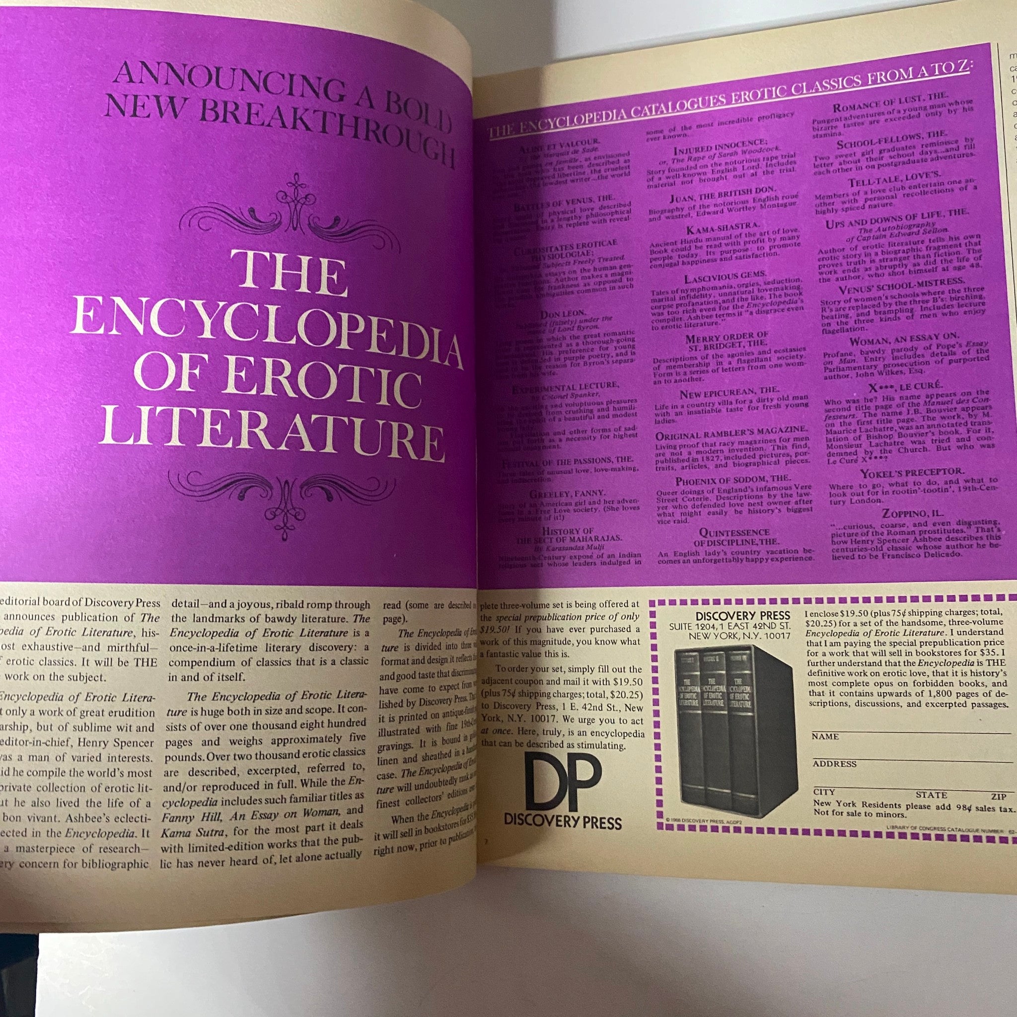 Advertisement for 'The Encyclopedia of Erotic Literature' in Avant Garde Magazine November 1968, showcasing a bold design.