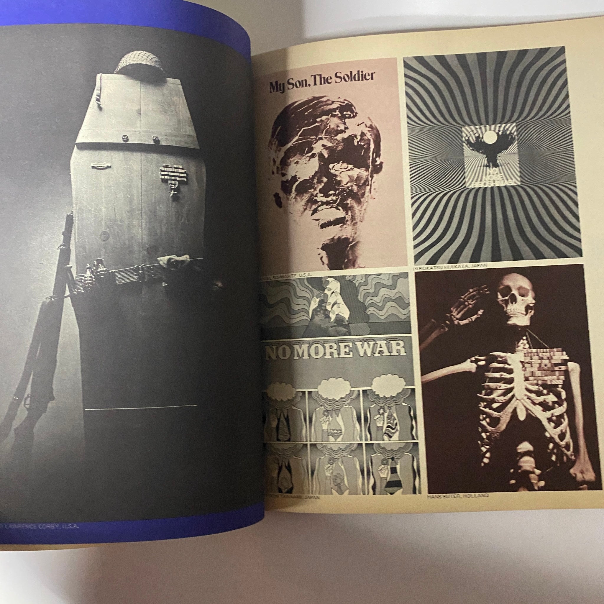 Pages displaying powerful anti-war imagery in Avant Garde Magazine November 1968, highlighting 'No More War!' themes.