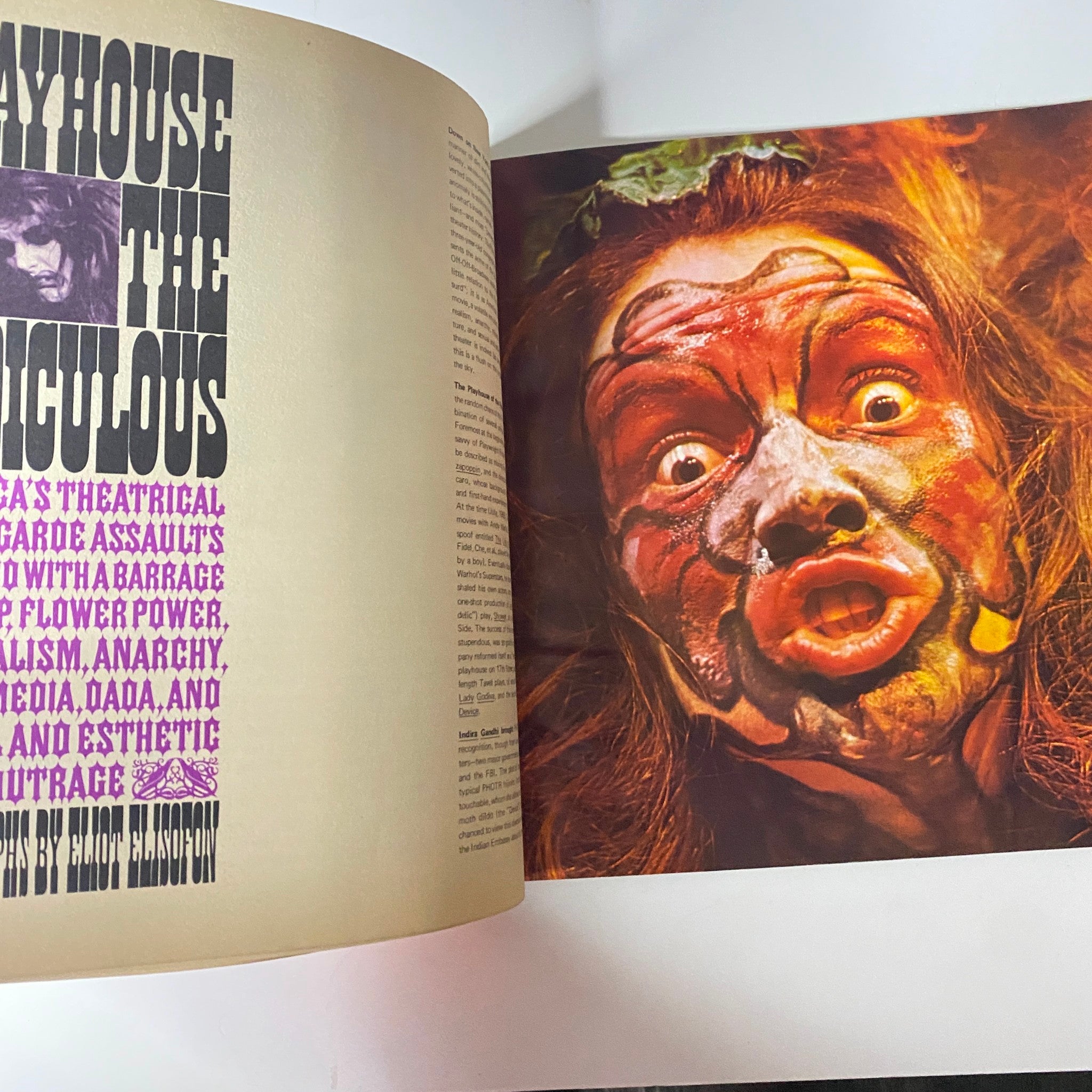Page from Avant Garde Magazine March 1969, Issue No. 4 showcasing a theatrical performance from the segment 'Playhouse of the Ridiculous' highlighting bold artistic expressions.