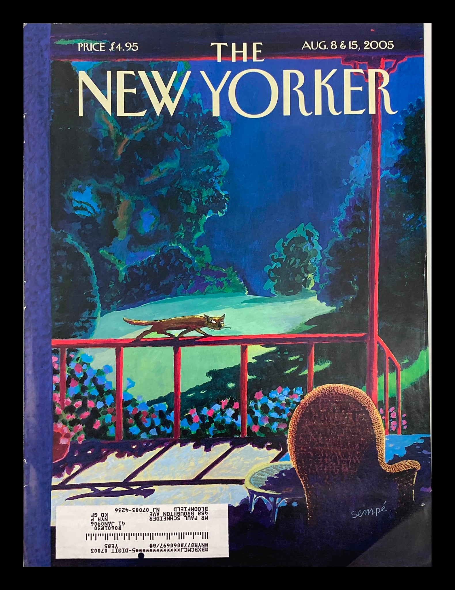 COVER ONLY The New Yorker August 8 2005 Cat in the Porch by Jean-Jacques Sempe