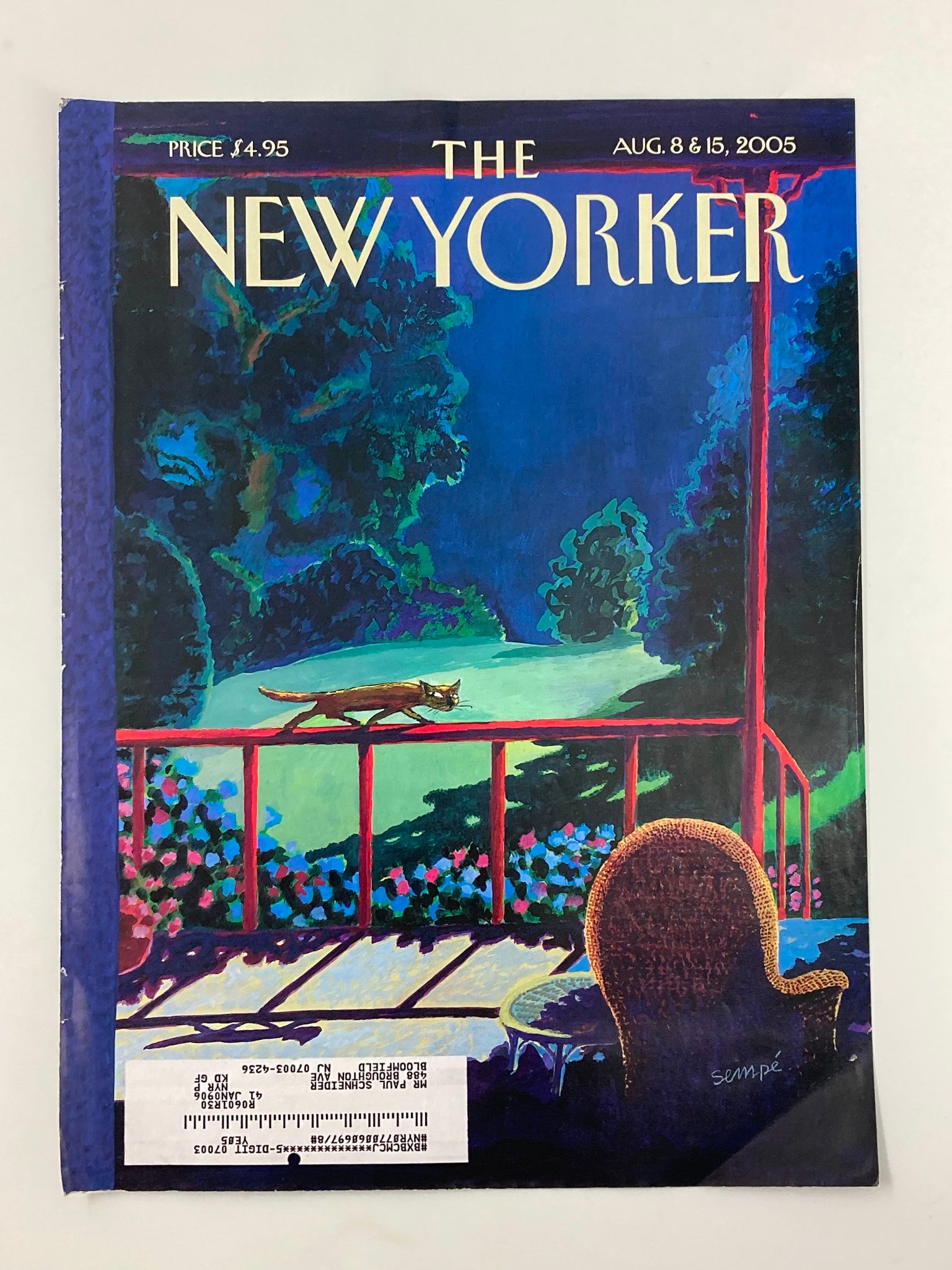 COVER ONLY The New Yorker August 8 2005 Cat in the Porch by Jean-Jacques Sempe