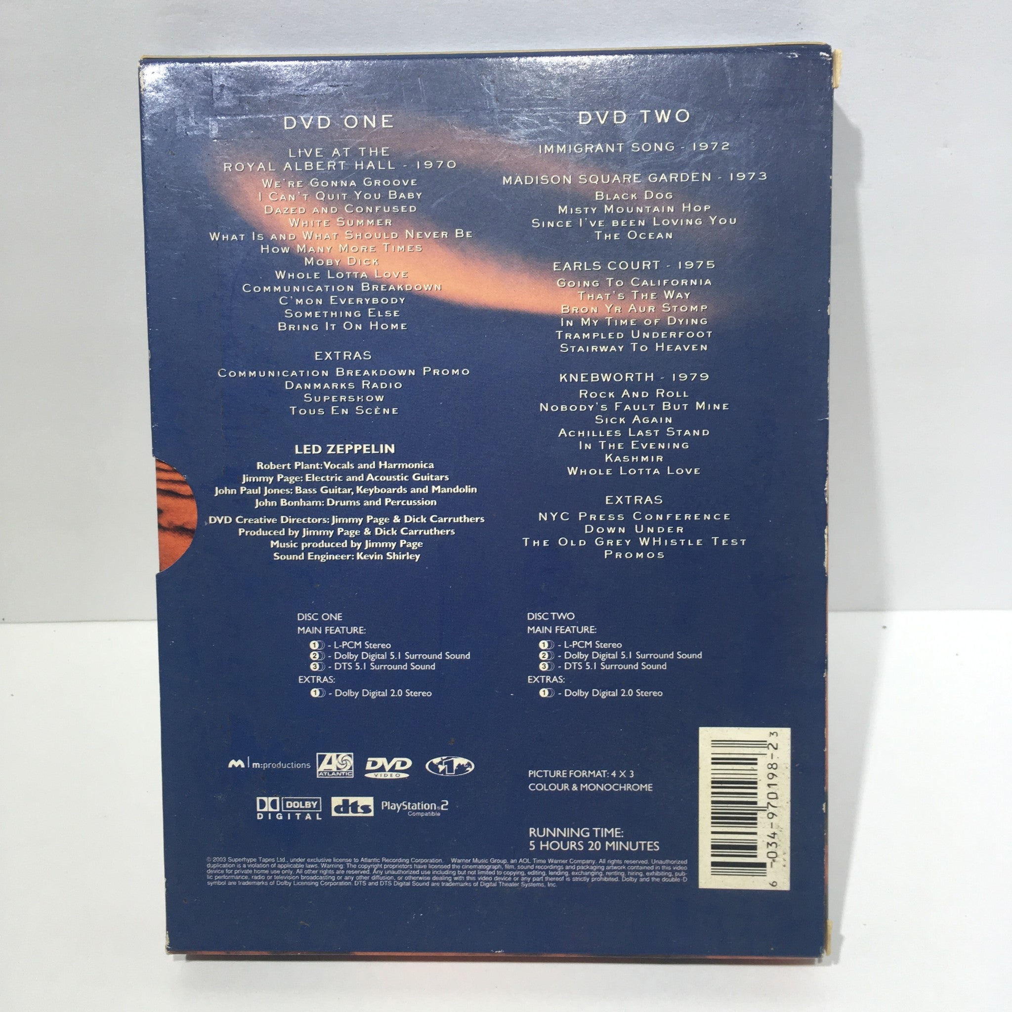 Back cover of the Led Zeppelin (2003) DVD packaging detailing track listings and additional information.