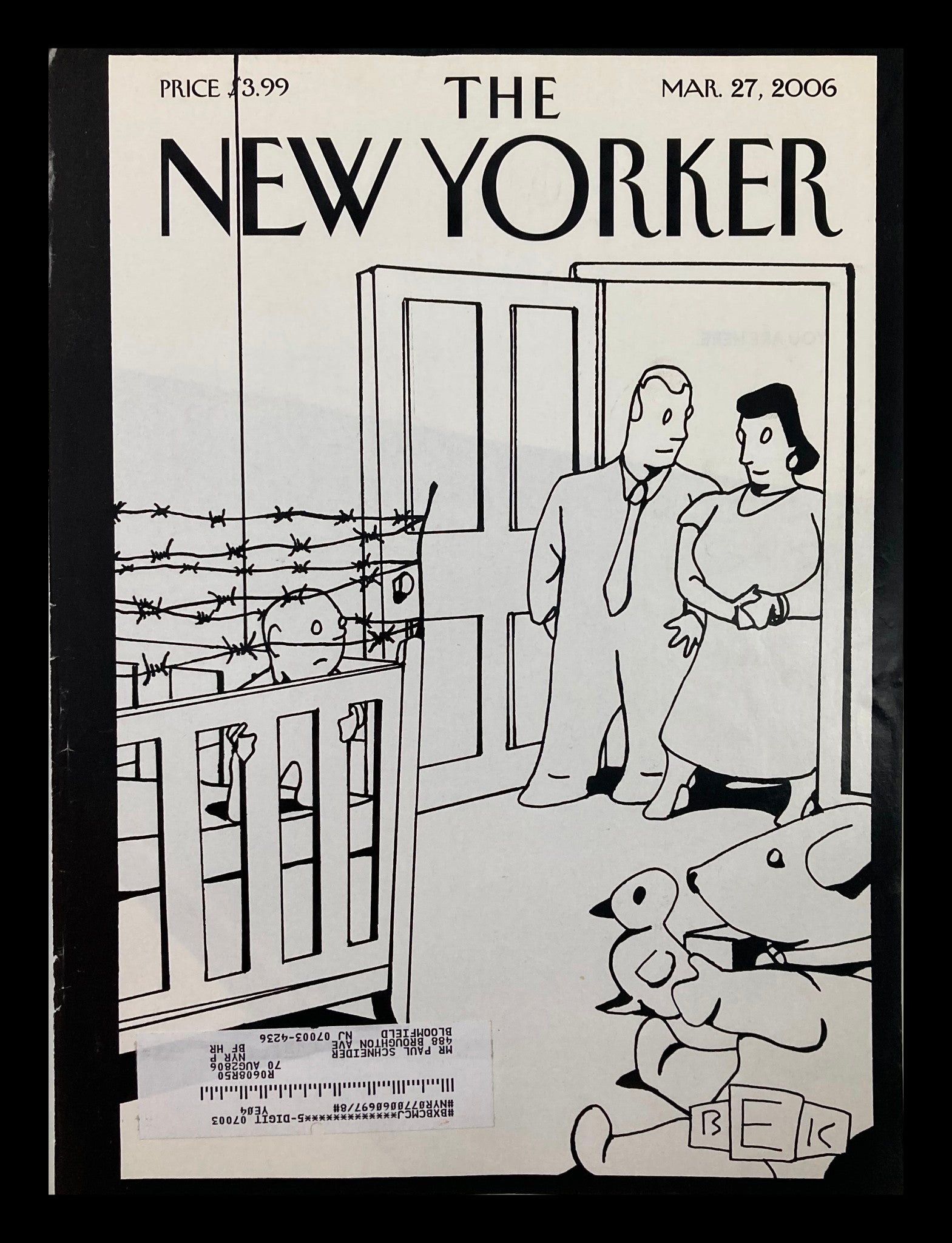 COVER ONLY The New Yorker March 27 2006 Barbwire Crib by Bruce Eric Kaplan