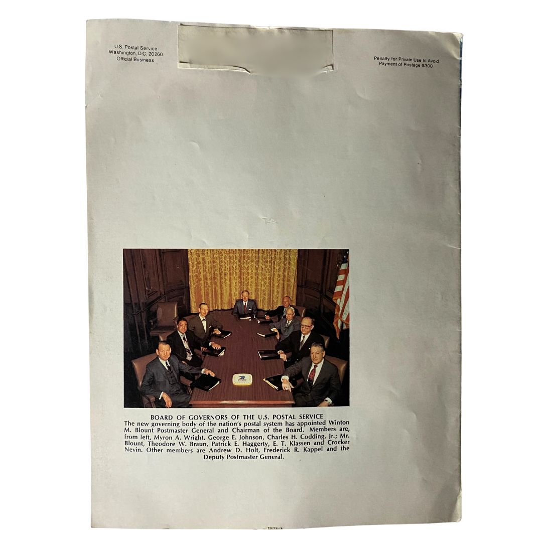 Back cover of VTG Postal Life Magazine March - April 1971 displaying a group photo of the Board of Governors of the U.S. Postal Service.