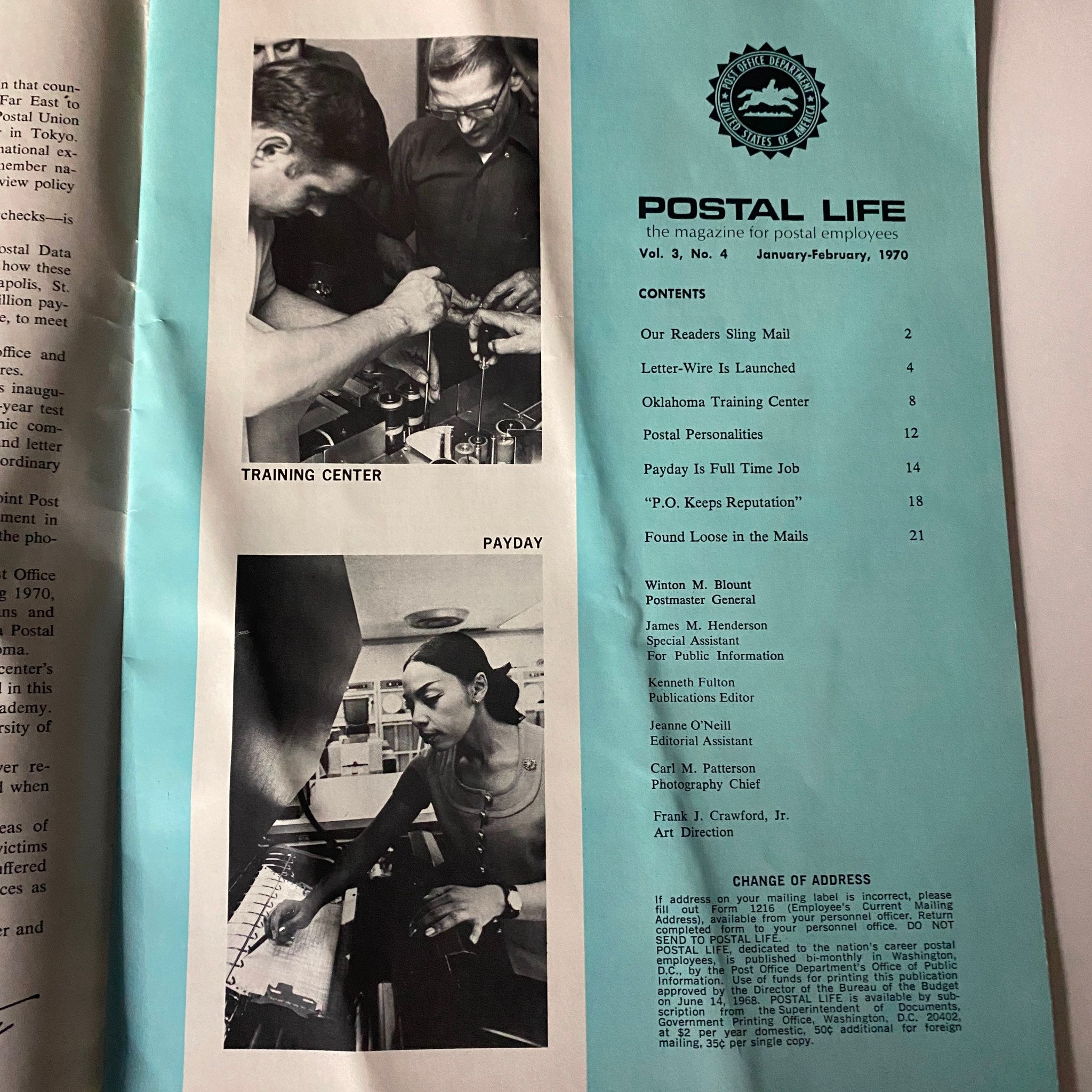 Interior page of VTG Postal Life Magazine January - February 1970 displaying articles and images, including a training center and payday theme.