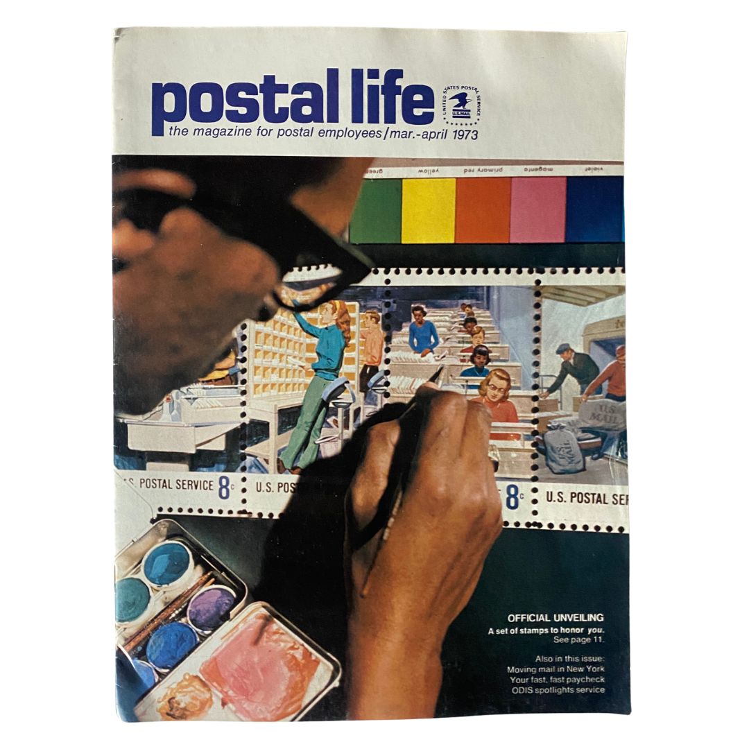 VTG Postal Life Magazine March-April 1973 cover featuring an artist painting stamps, showcasing the cultural significance of philately.