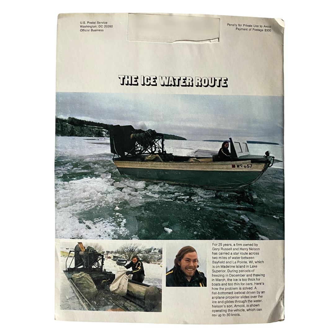 Back cover of VTG Postal Life Magazine March-April 1973 highlighting the 'Ice Water Route' for postal delivery, with images of a boat navigating icy waters.