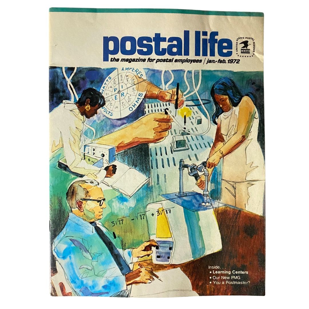 Cover of the VTG Postal Life Magazine from January-February 1972, featuring illustrations related to postal services and educational centers.