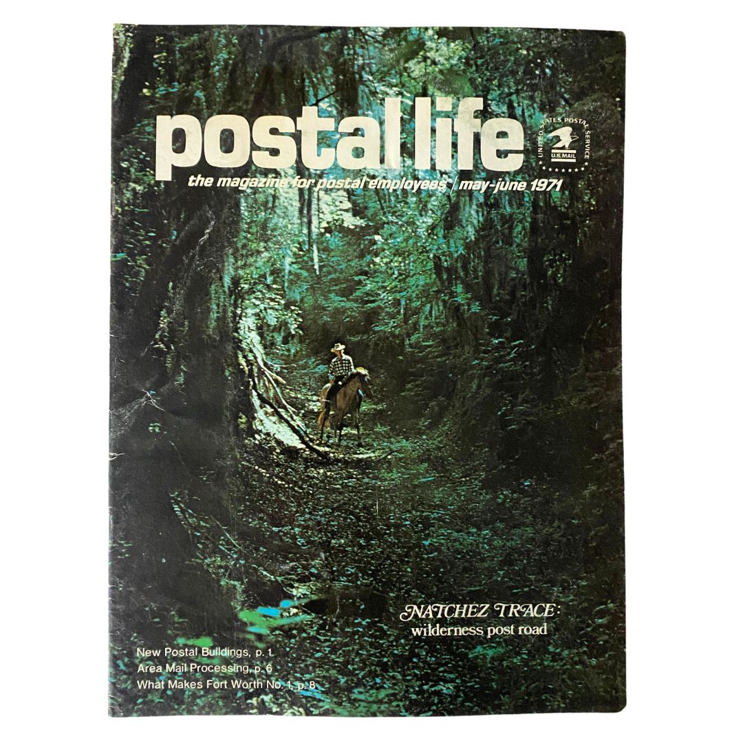 VTG Postal Life Magazine May - June 1971 featuring a scenic cover of the Natchez Trace Wilderness Post Road with a rider on horseback amidst lush greenery.