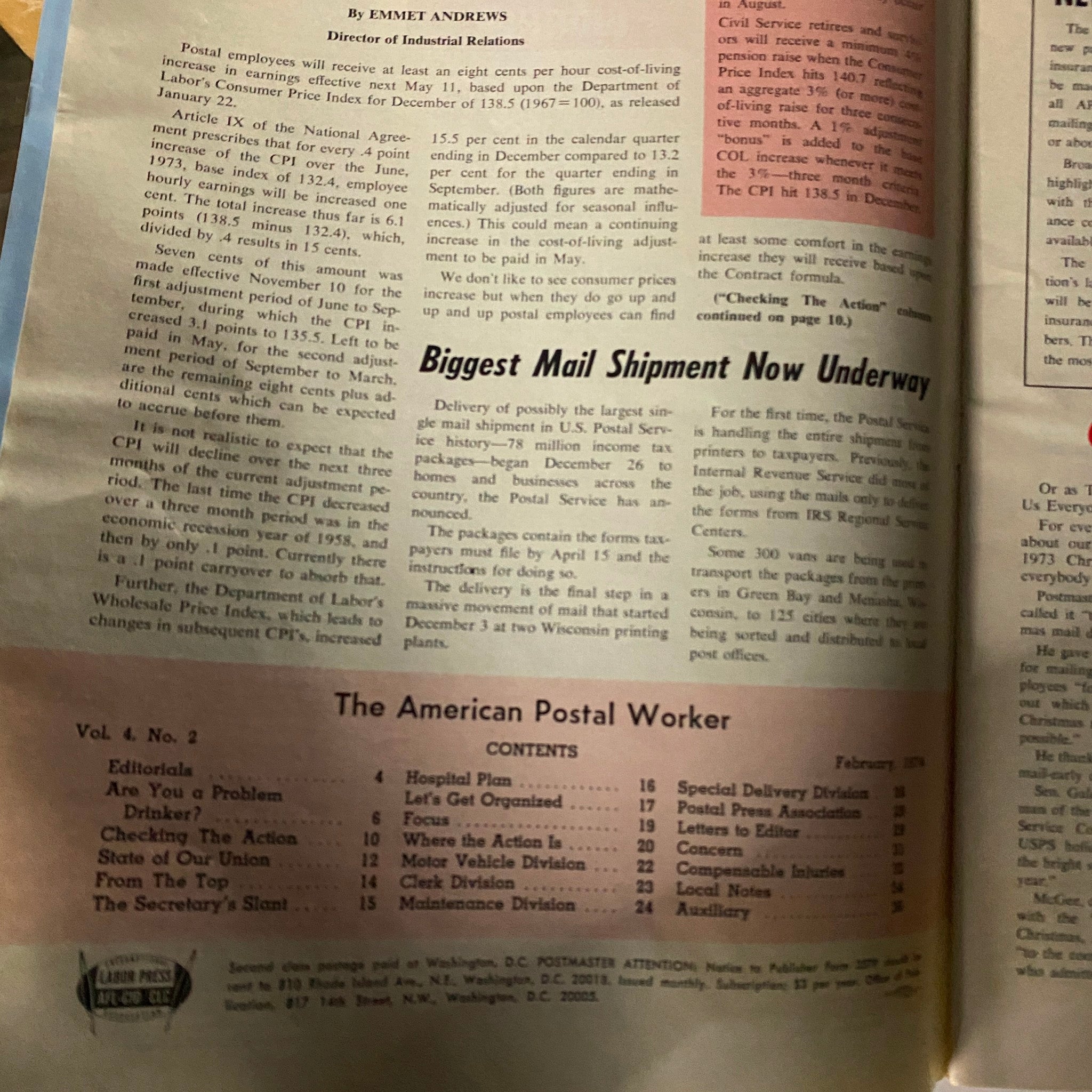 VTG The American Postal Worker Magazine February 1974 Retirement Snag By-Passed