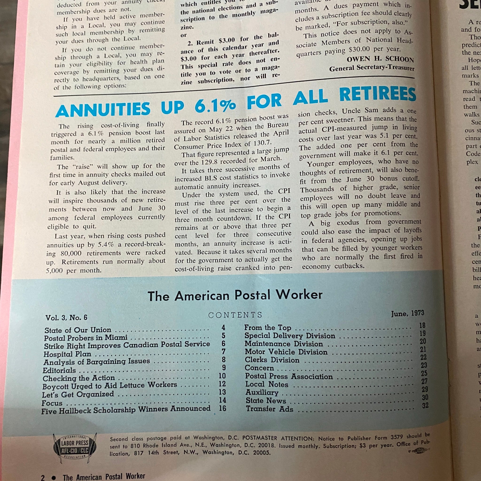 The American Postal Worker Magazine June 1973 Owen H. Schoon Gen. Sec. Treasurer