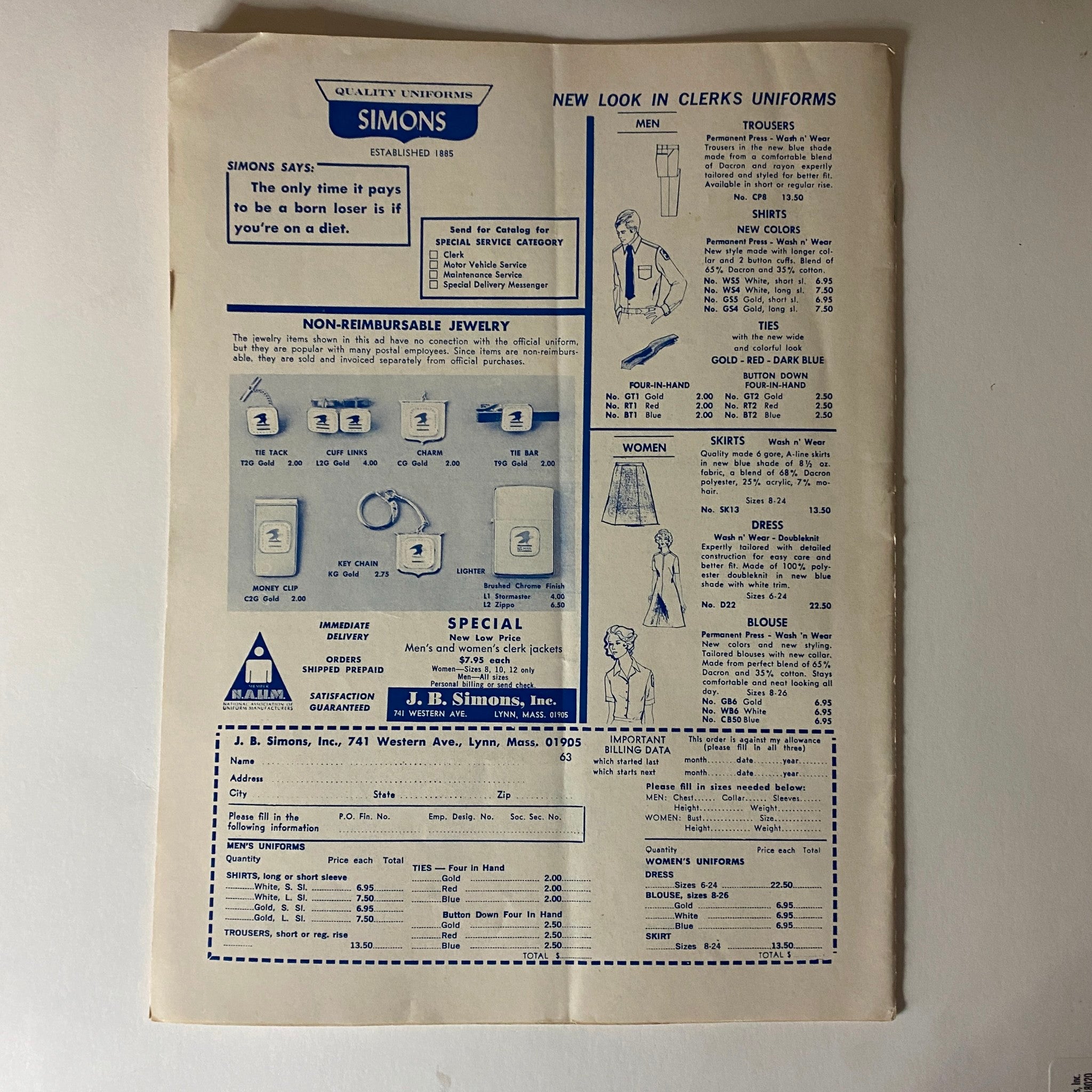 Advertisement page from The American Postal Worker Magazine, June 1973, showcasing uniform options from J.B. Simons, including pricing and available styles for postal workers.