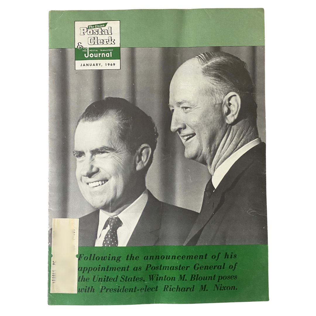 Cover of The Union Postal Clerk Journal from January 1969 featuring Richard Nixon and Winton M. Blount, showcasing their historic meeting after Blount's appointment as Postmaster General.