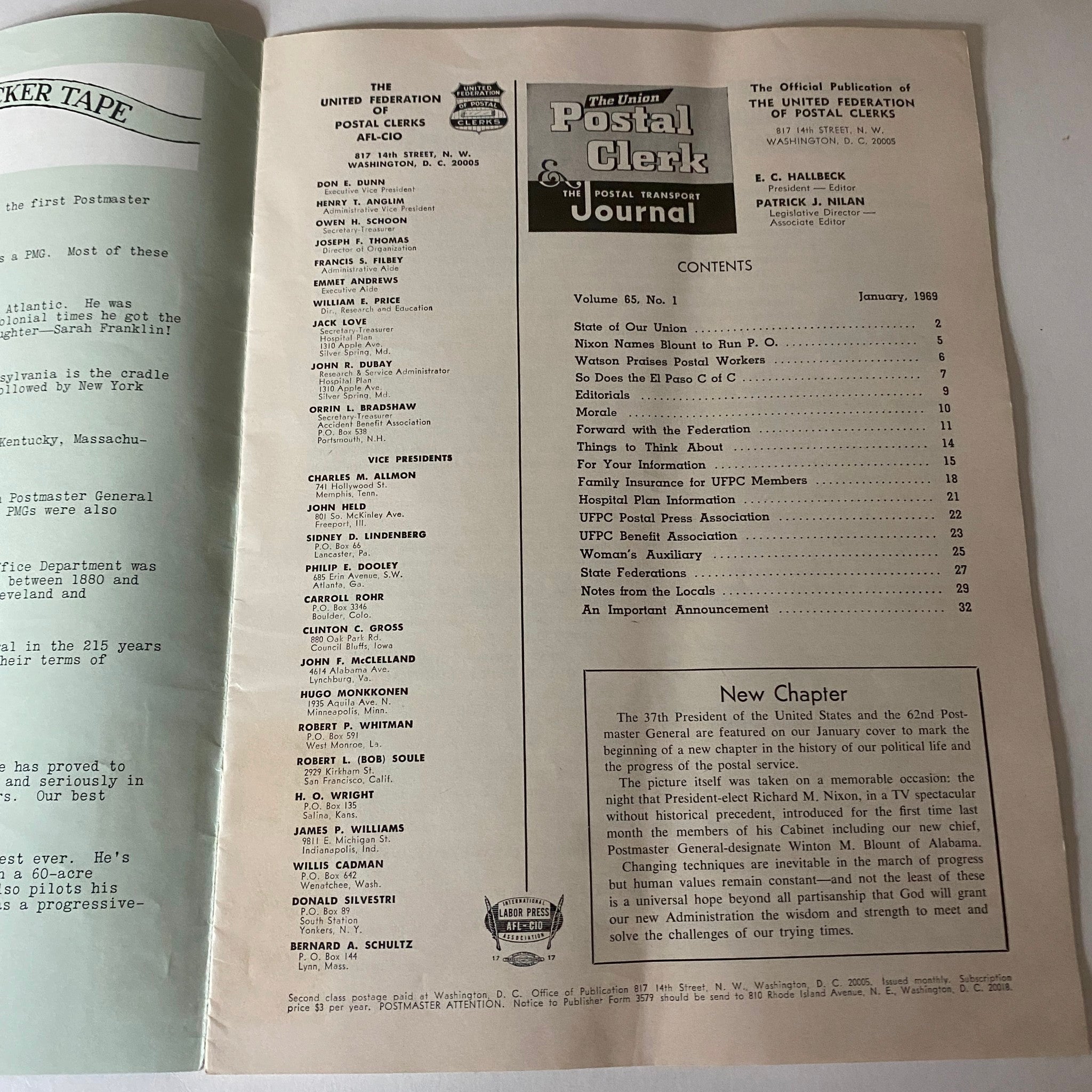 Contents page of The Union Postal Clerk Journal from January 1969 detailing articles and topics relevant to the postal service during that time.