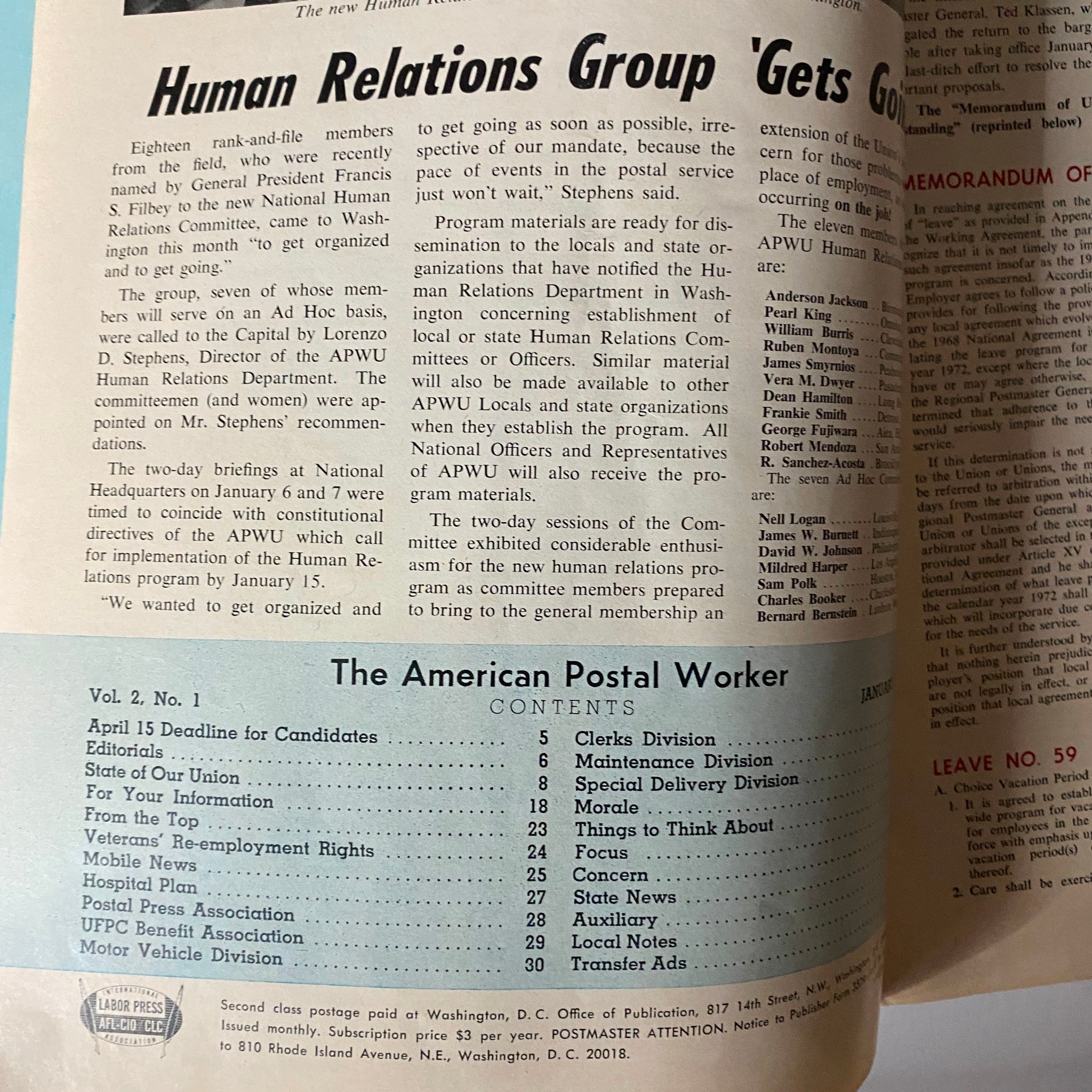 The American Postal Worker Magazine January 1972 APWU Legislative Goals