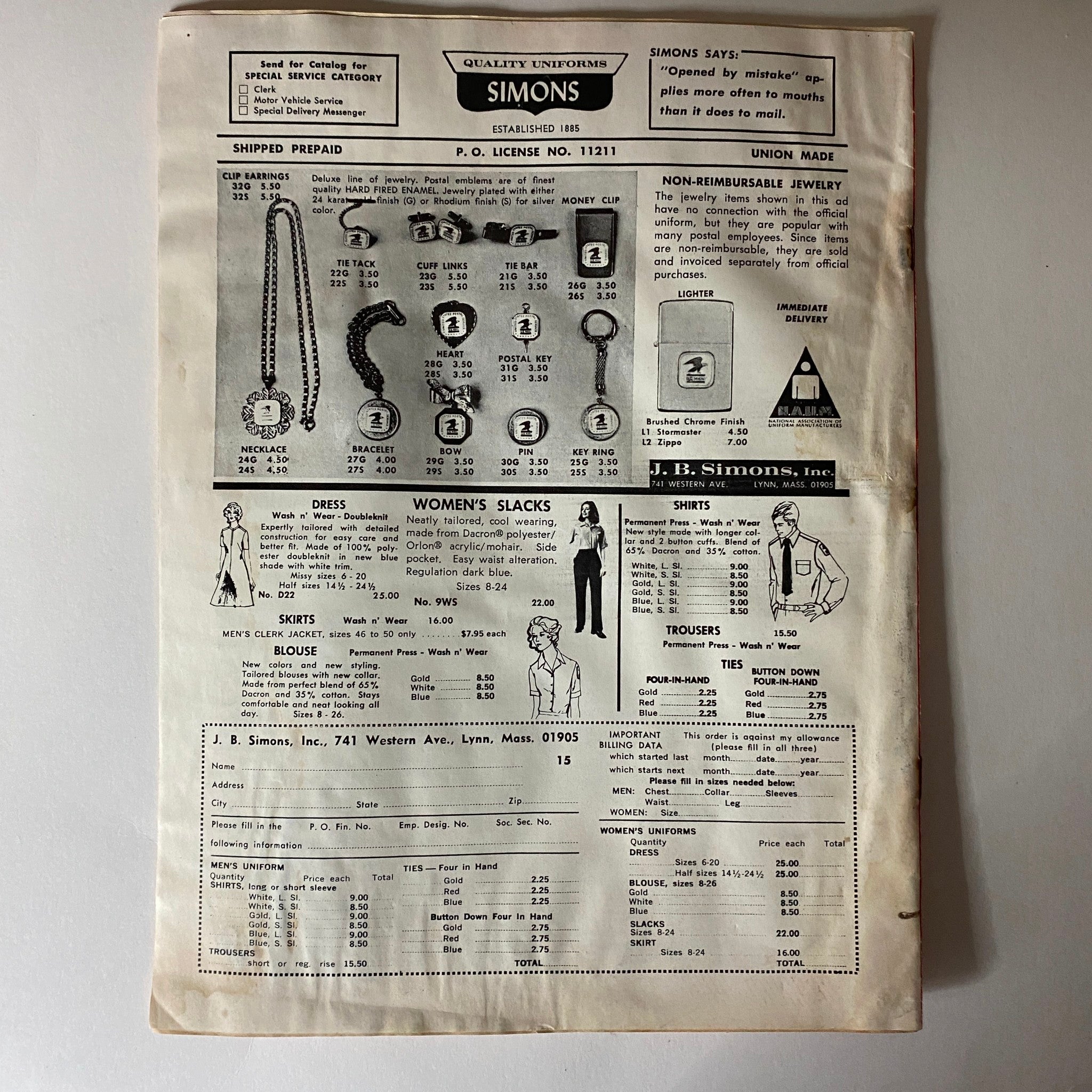 Advertisement page from The American Postal Worker Magazine January 1975, showcasing uniform options from J.B. Simons, Inc., including women's slacks and jewelry.