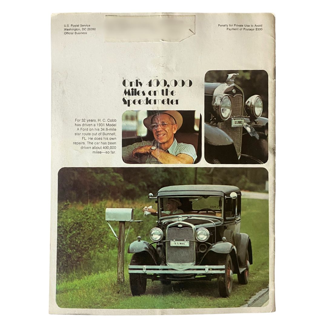 Back cover of VTG Postal Life Magazine May - June 1972 highlighting H. C. Cobb with his 1931 Model A Ford, emphasizing the article 'Only 400,000 Miles on the Speedometer'.