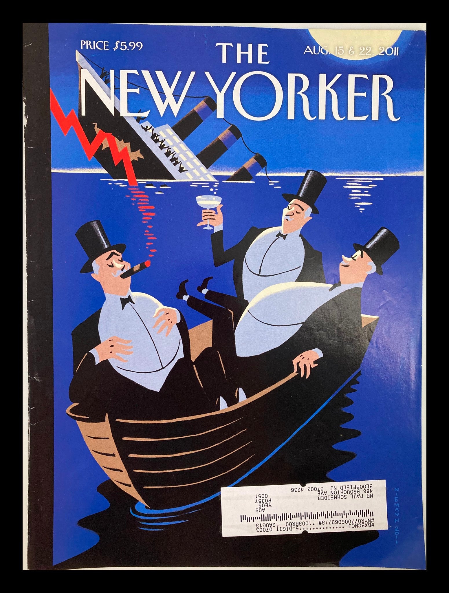 COVER ONLY The New Yorker August 15 & 22 2011 SOS Titanic by Christoph Niemann