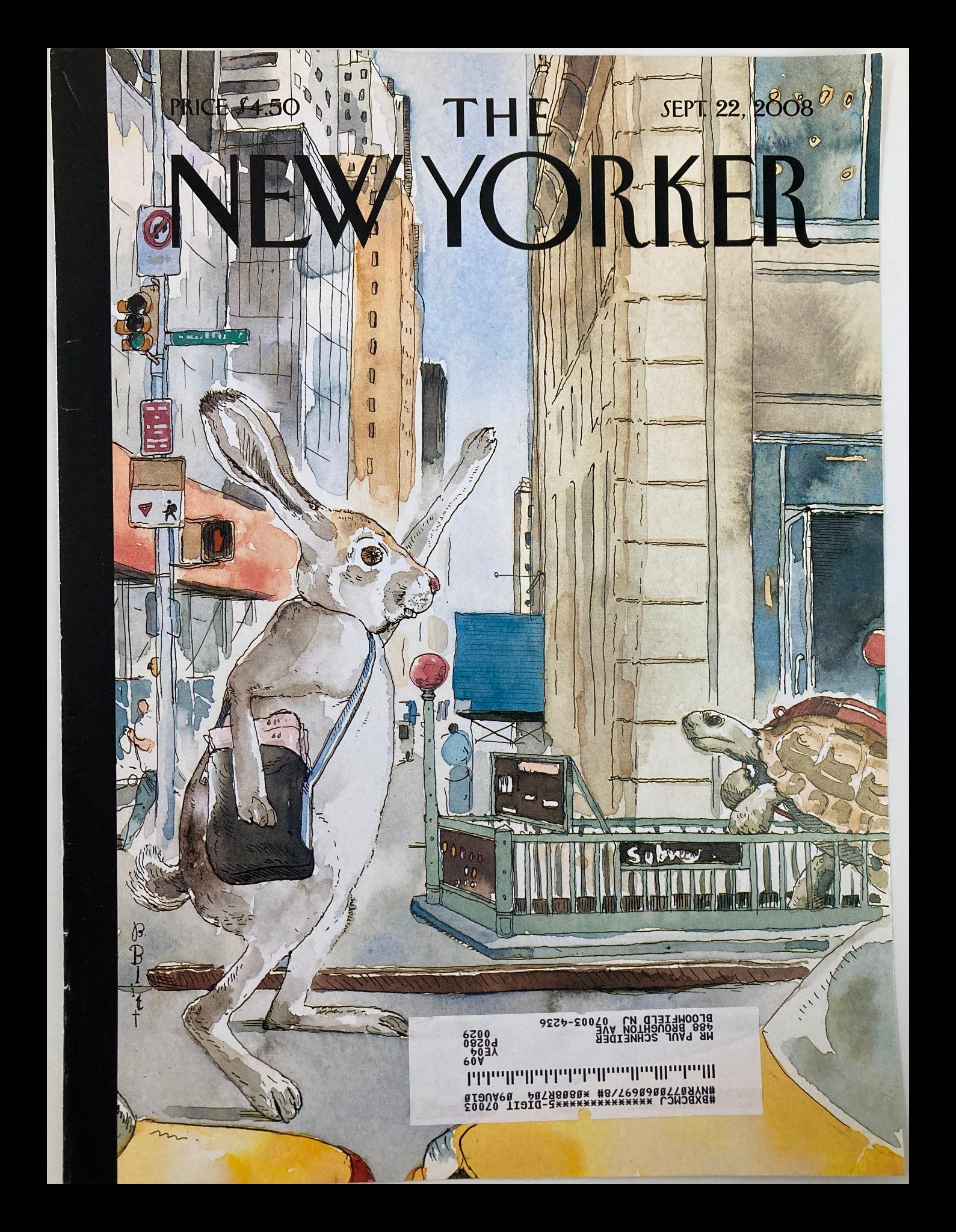 COVER ONLY The New Yorker September 22 2008  Rabbit & Turtle Race by Barry Blitt