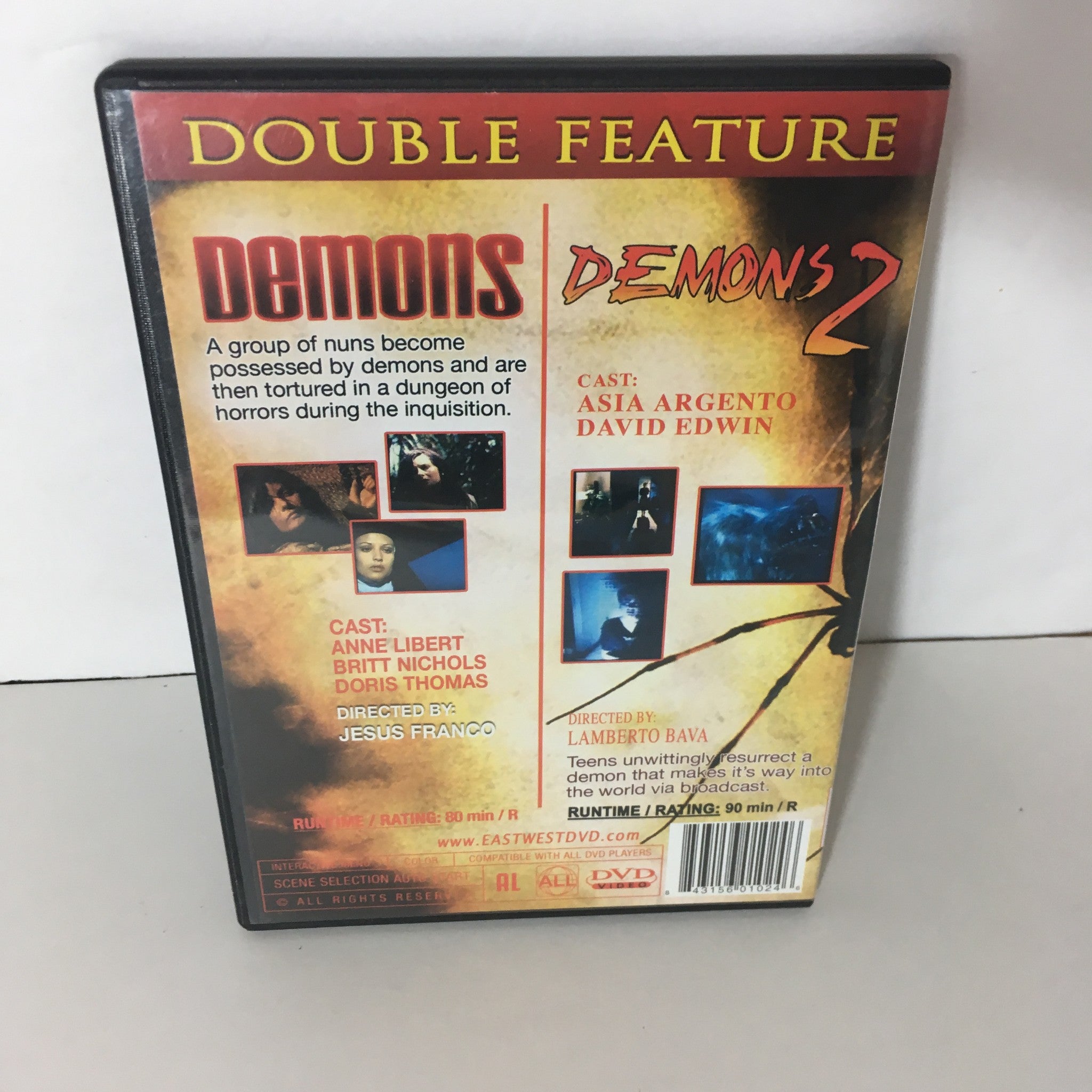 Demons/Demons 2 Double Feature DVD cover featuring a horror film theme, showcasing the title 'Demons' and 'Demons 2', with casts including Asia Argento and David Edwin, directed by Lamberto Bava.