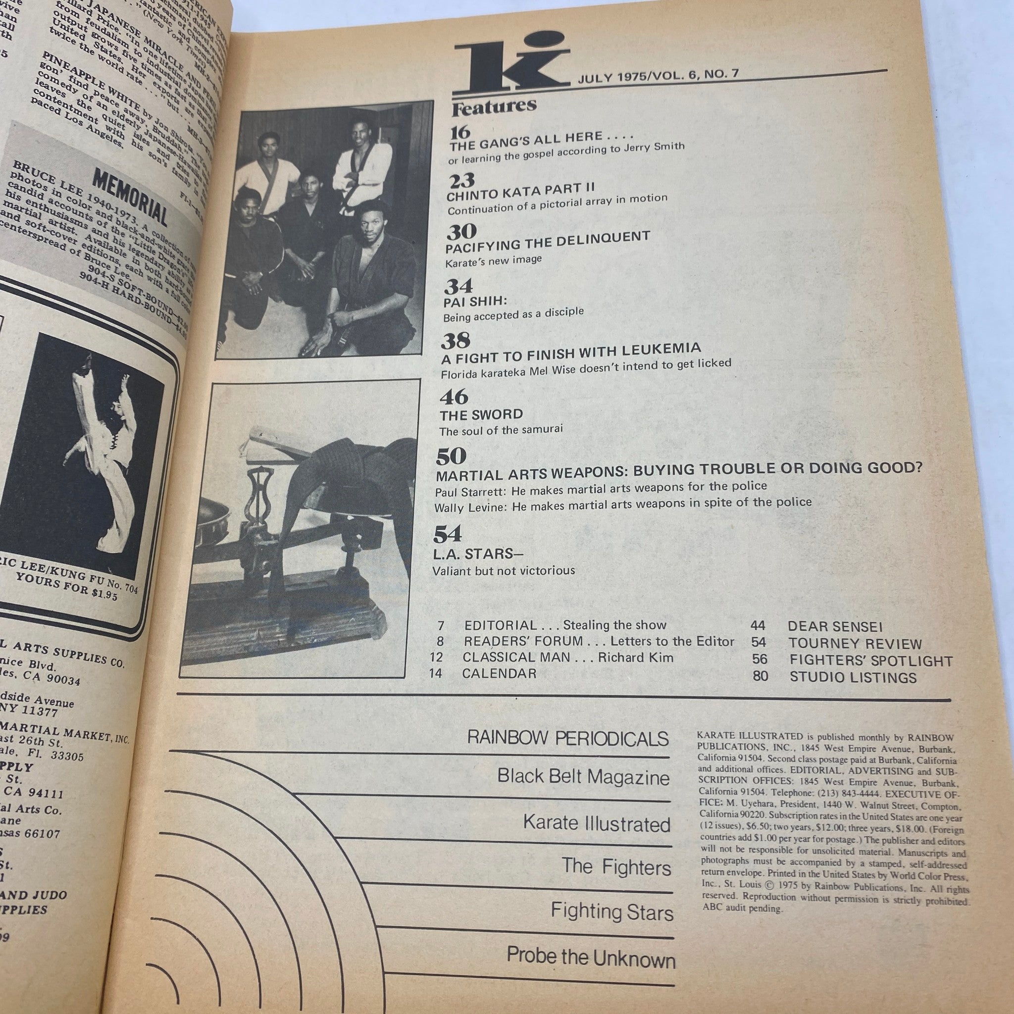 Interior page of the July 1975 VTG Karate Illustrated Magazine displaying features including Chinto Kata Part II and articles on martial arts, along with a table of contents indicating various martial arts topics of interest.