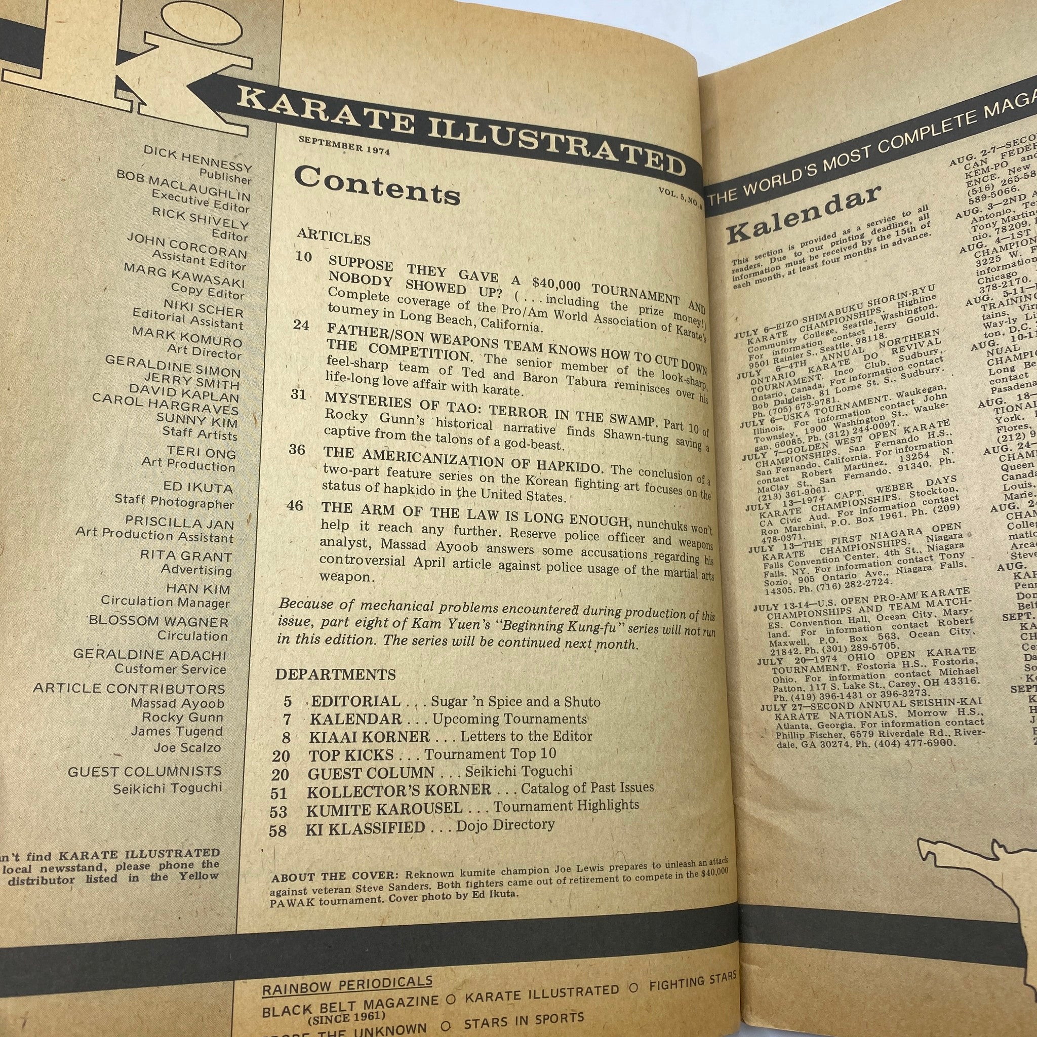 Inside page of the VTG Karate Illustrated Magazine September 1974 with contents list including articles on karate and martial arts events.