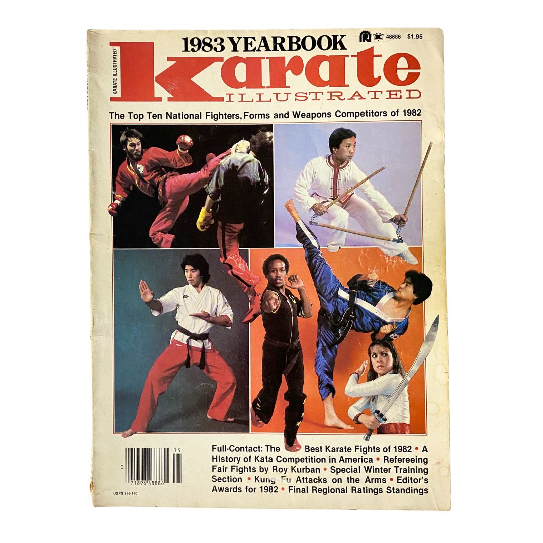 Cover of the VTG Karate Illustrated Magazine Yearbook 1983 highlighting the best karate fights of '82, featuring images of karate fighters in action.