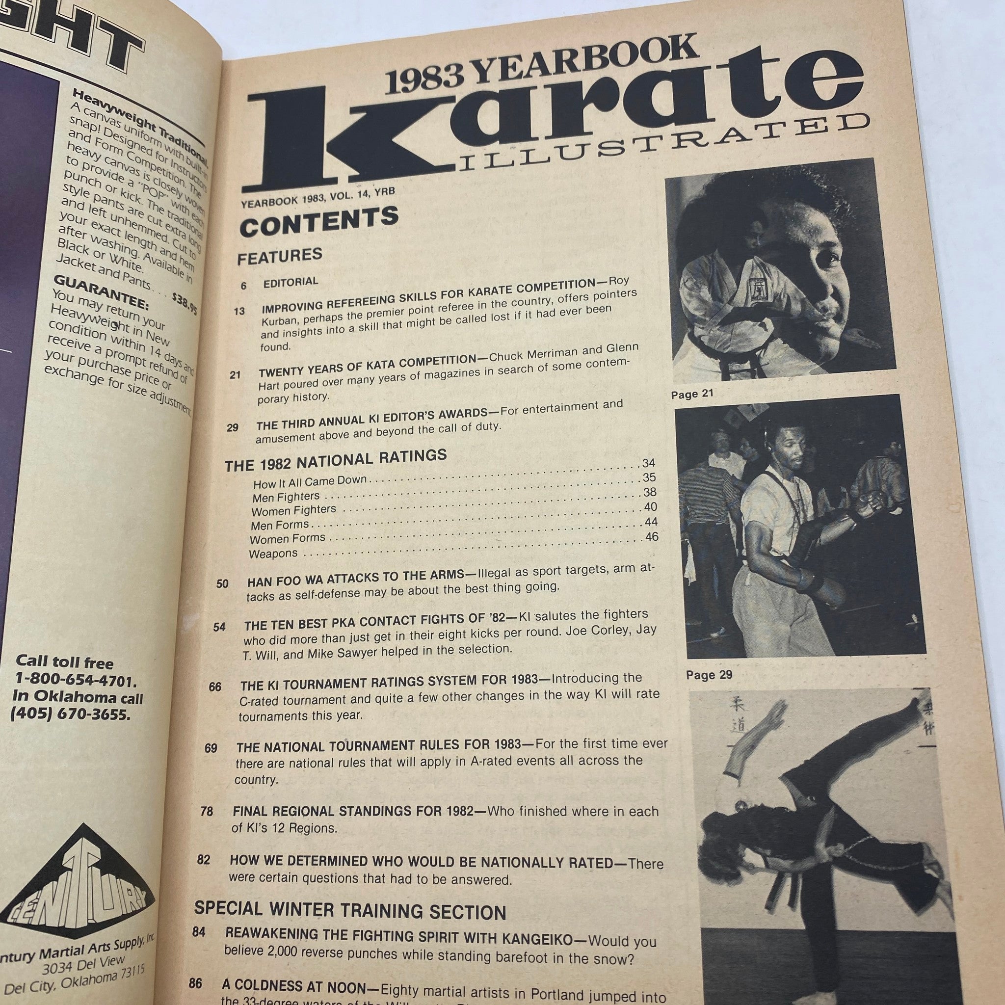 Contents page of the VTG Karate Illustrated Magazine Yearbook 1983, detailing articles on karate competitions, ratings, and techniques from 1982.