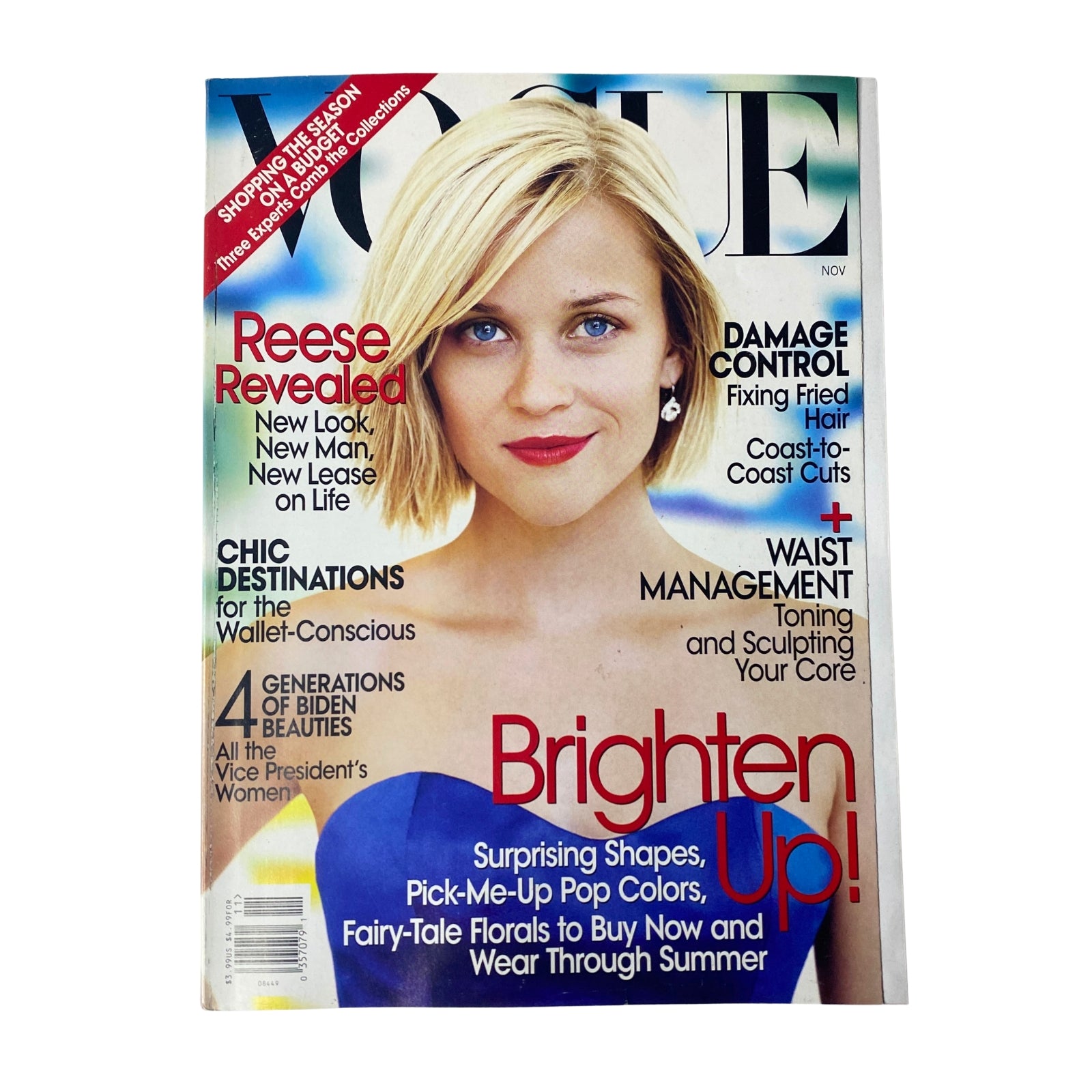 Vogue Magazine November 2008 featuring Reese Witherspoon on the cover in a stylish blue dress, showcasing fashion and lifestyle content.