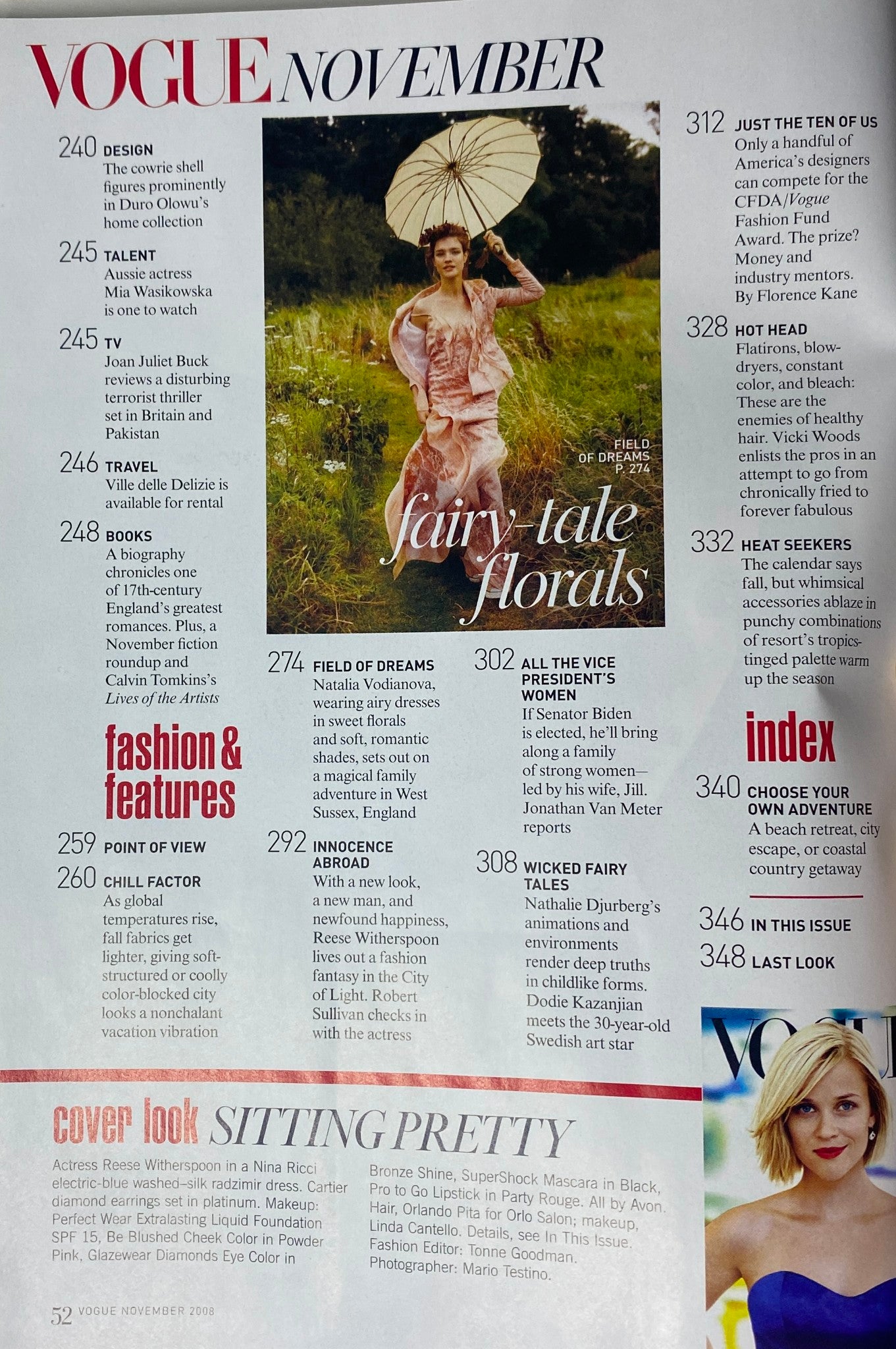 Vogue Magazine November 2008 features an editorial spread titled 'Fairy Tale Florals' showcasing a model wearing an elegant dress with an umbrella, highlighting designer fashion trends.