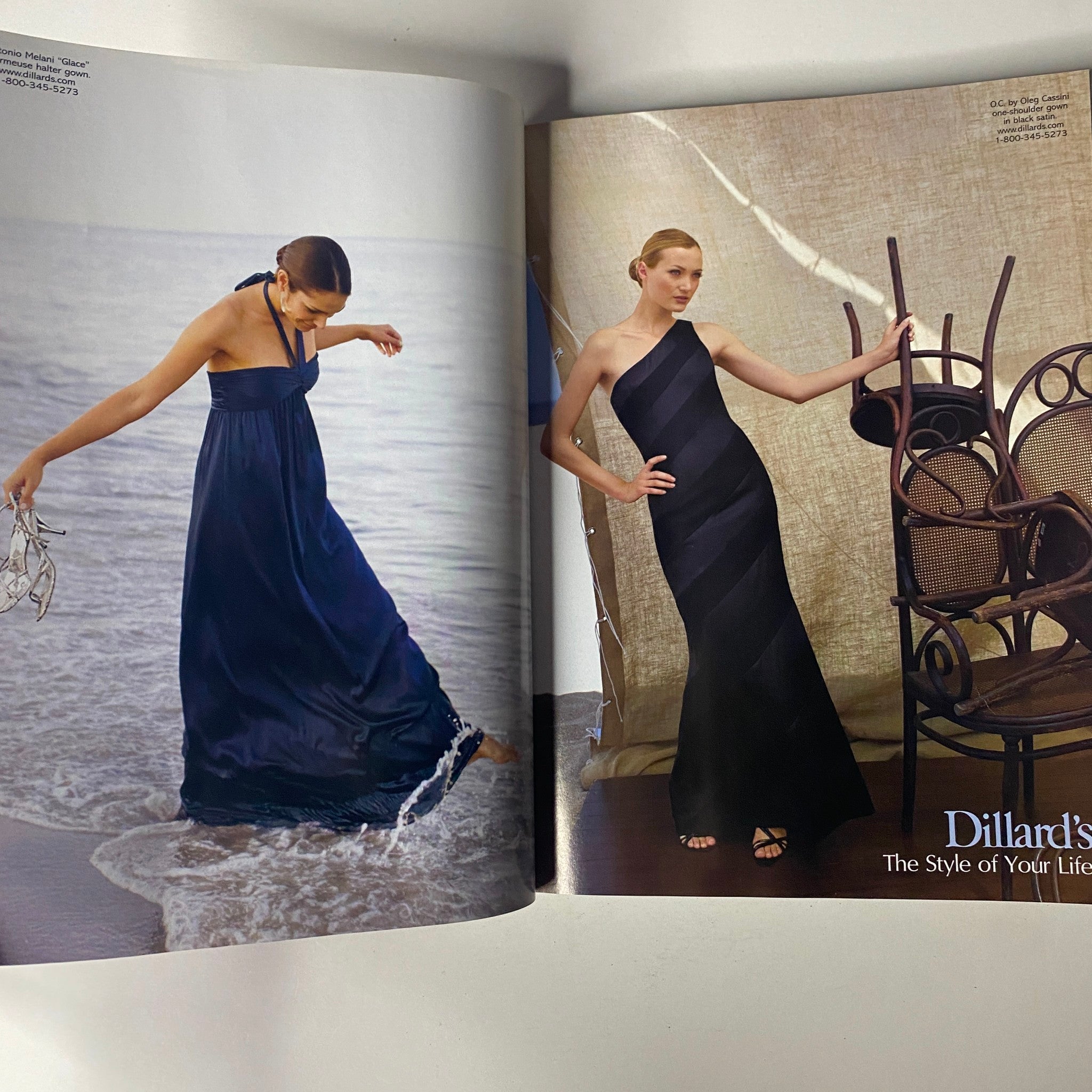 Vogue Magazine November 2008 includes a fashion advertisement featuring elegant evening gowns by Dillard's, reflecting sophisticated styles for special occasions.