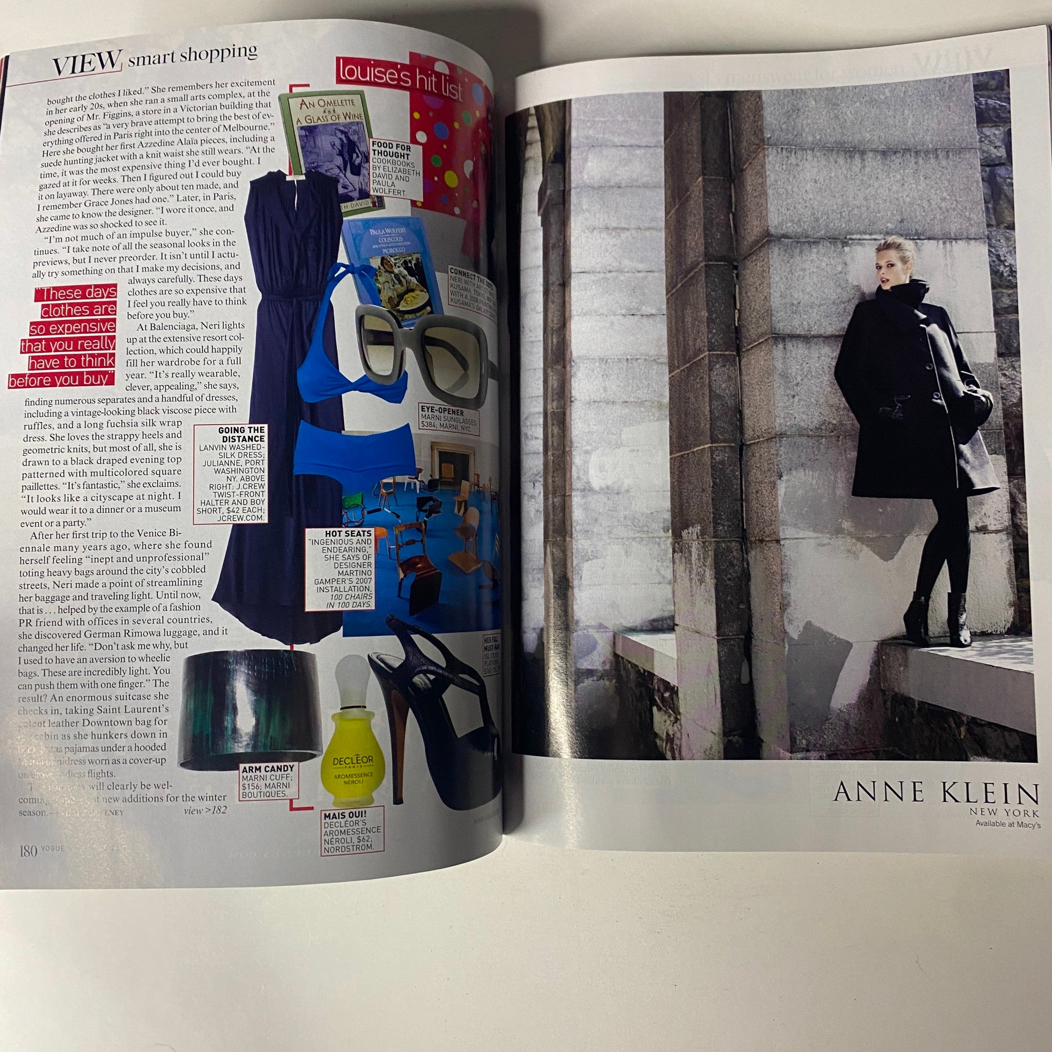 Vogue Magazine November 2008 showcases an article about smart shopping with bold visuals and an advertisement for Anne Klein, presenting contemporary fashion choices.