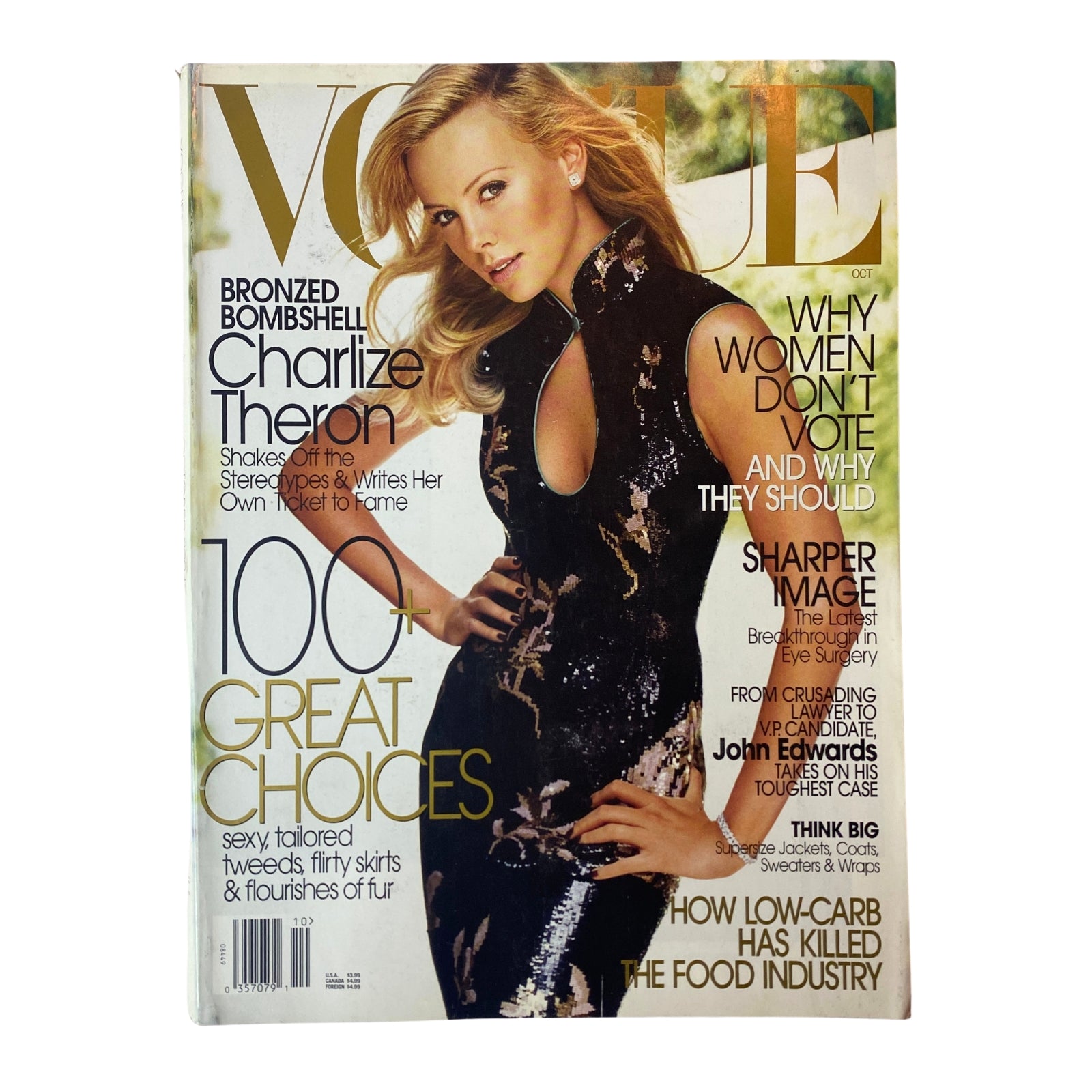 Vogue Magazine October 2004 featuring Charlize Theron on the cover in a black and gold sequined gown, with text highlights about women's voting power, great choices, and cultural critiques.