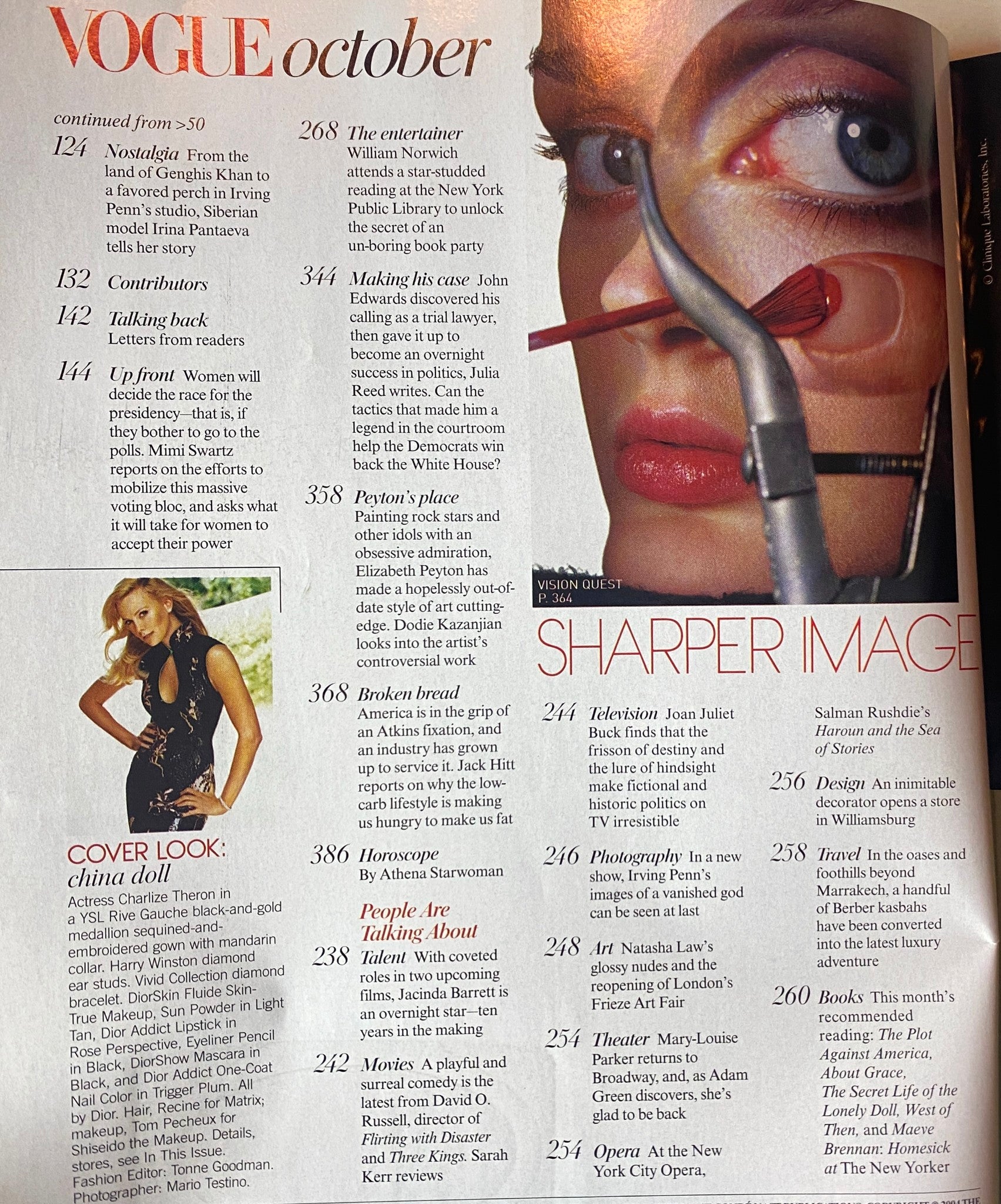 Interior page from Vogue Magazine October 2004, showcasing editorial content including highlights from the issue and a fashion segment featuring Charlize Theron.