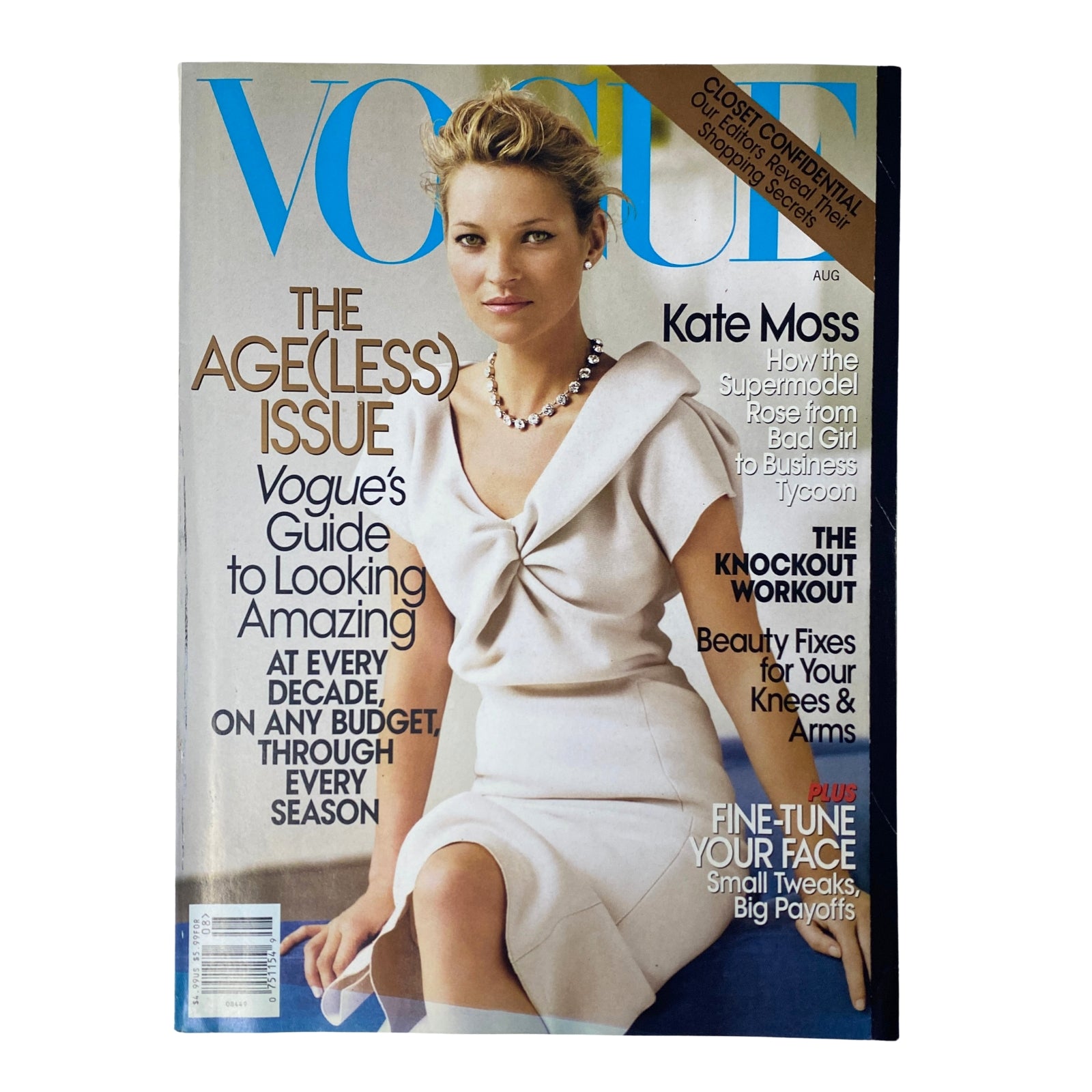 Vogue Magazine August 2008 cover featuring Kate Moss, titled 'The AGE(LESS) ISSUE', highlighting Vogue's guide to looking amazing at every decade and on any budget.