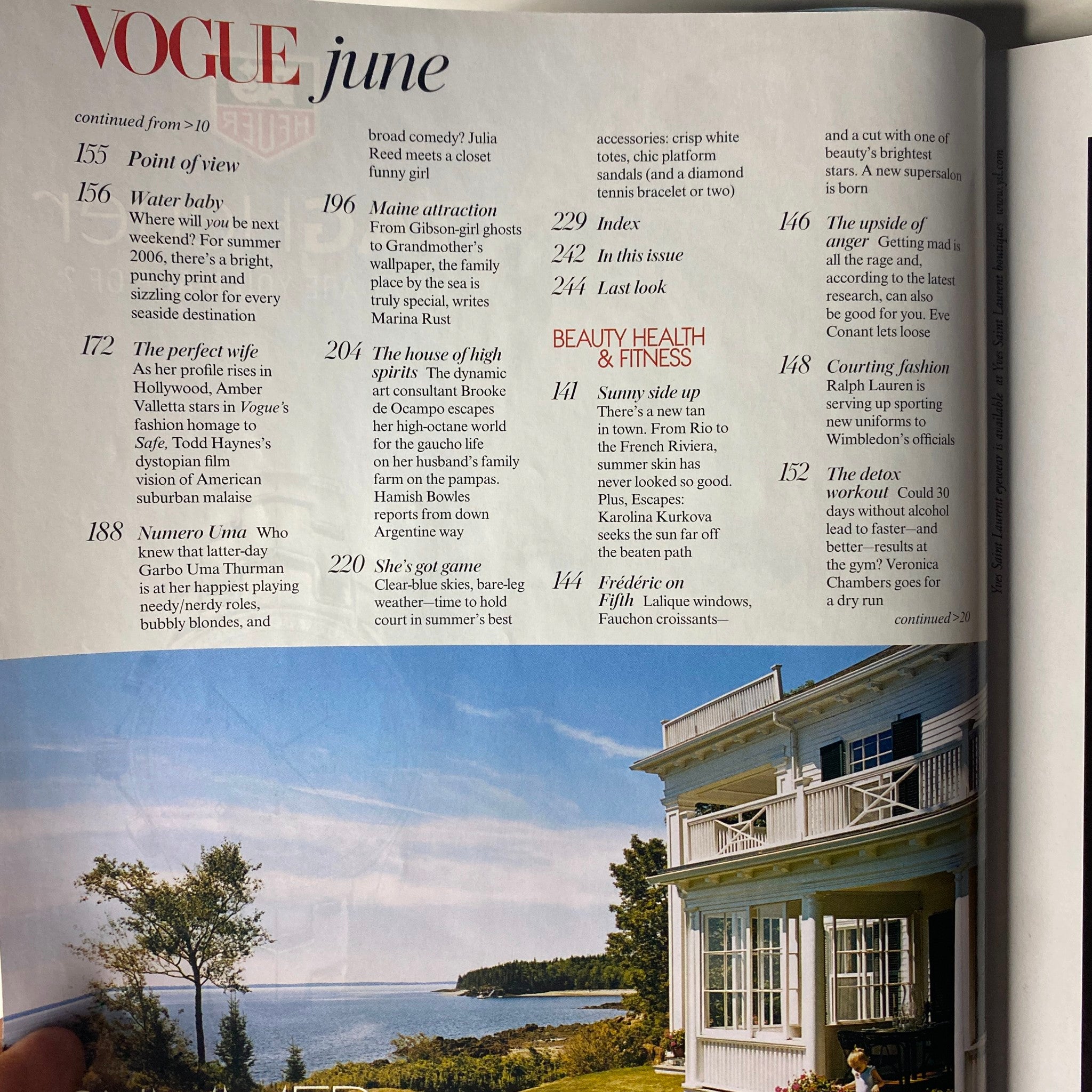 Contents page of Vogue Magazine June 2006 listing articles and features, including 'Water Baby' and 'Maine Attraction', enriching its editorial value alongside Uma Thurman's cover story, titled 'Vogue Magazine June 2006 Uma Thurman Cover No Label VG'.