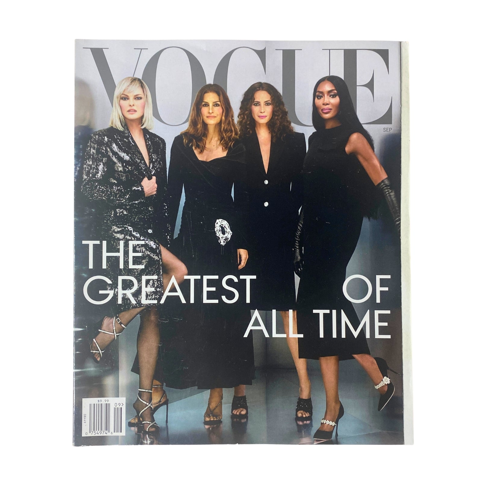 Cover of Vogue Magazine September 2023 featuring Linda Evangelista, Cindy Crawford, Naomi Campbell, and Christy Turlington; titled 'The Greatest of All Time.'