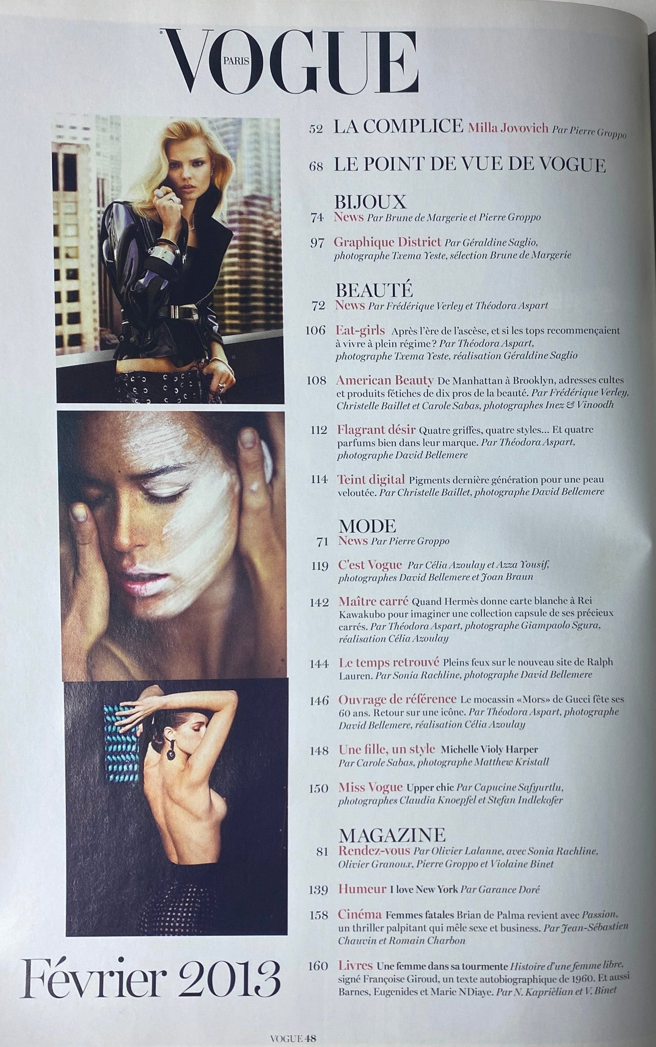 Table of contents page from Vogue Paris February 2013 No. 934, featuring Milla Jovovich and various articles on fashion and beauty.