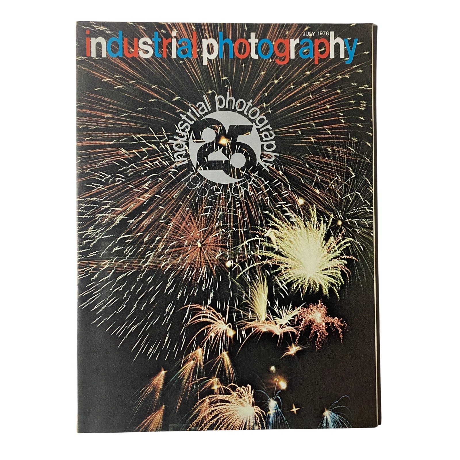Cover of Industrial Photography Magazine July 1976 featuring a colorful fireworks display and the title celebrating 25 years of publication.