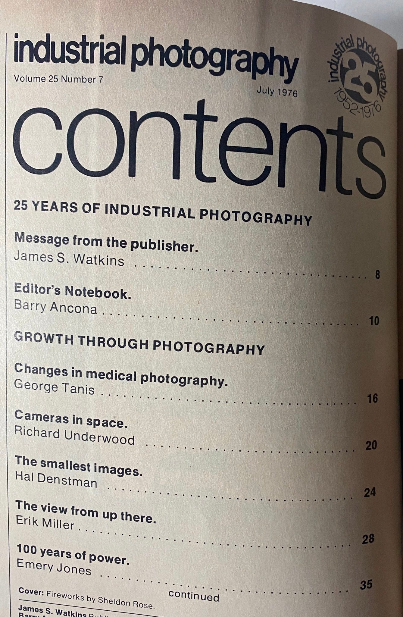 Contents page of Industrial Photography Magazine July 1976, highlighting featured articles including '25 Years of Industrial Photography' and 'Growth Through Photography'.