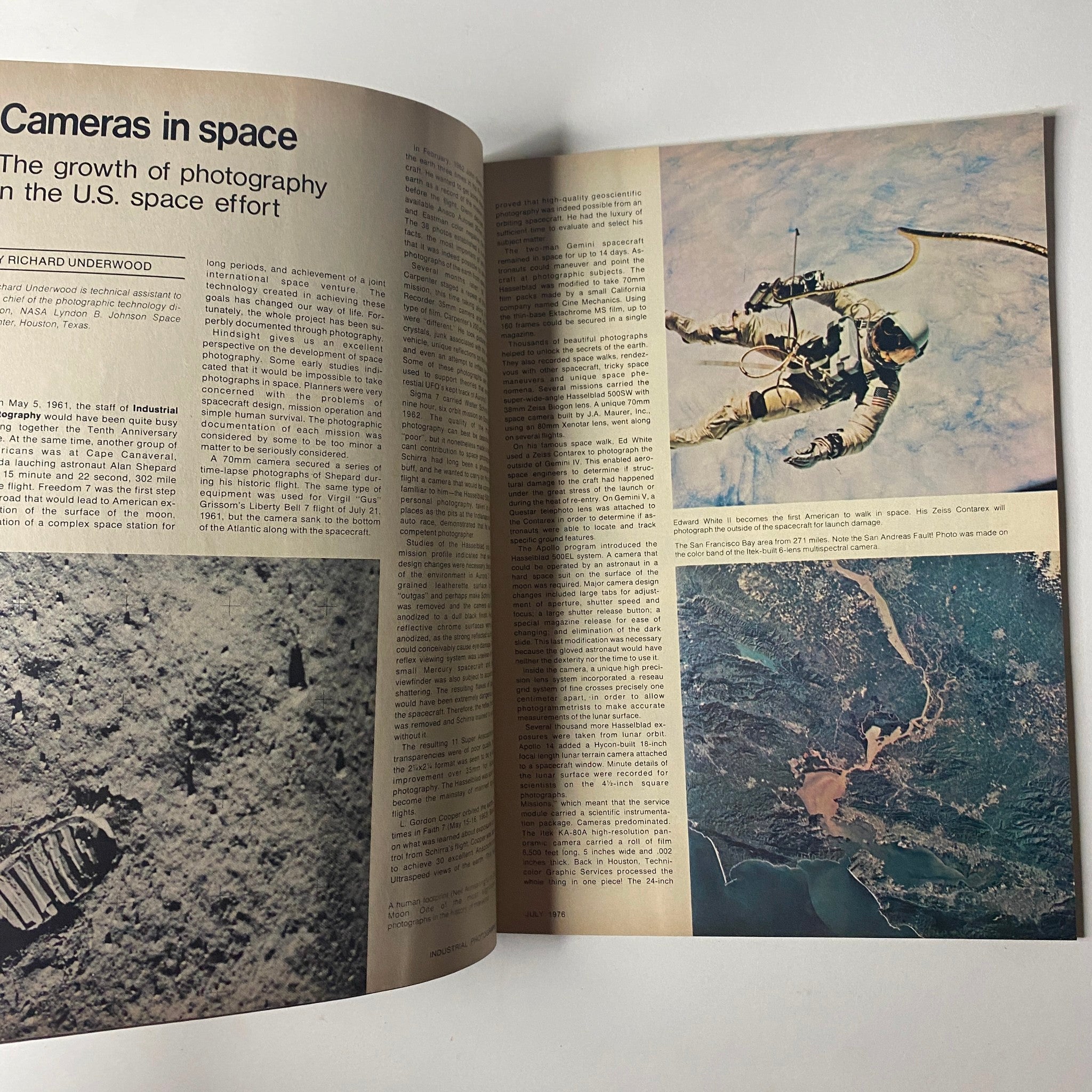 Cameras in Space article featuring Richard Underwood in Industrial Photography Magazine July 1976, discussing the growth of photography in the U.S. space effort, with visuals of astronauts and space technology.