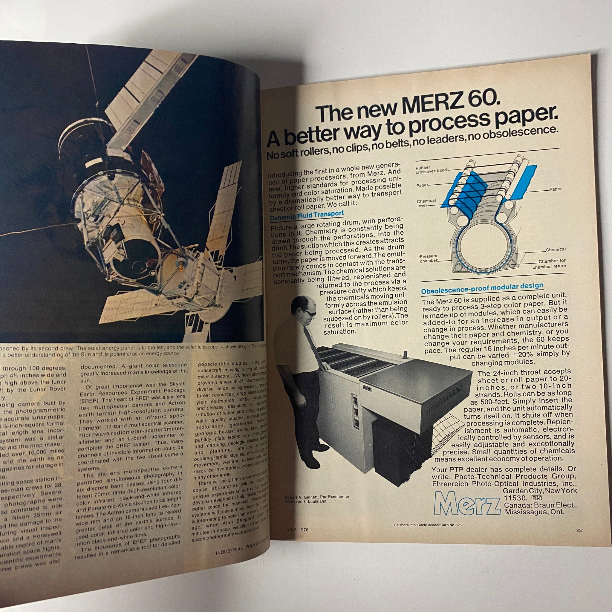 New MERZ 60 processing machine advertisement in Industrial Photography Magazine July 1976, showcasing innovative paper processing technology with descriptions and illustrations of its features.